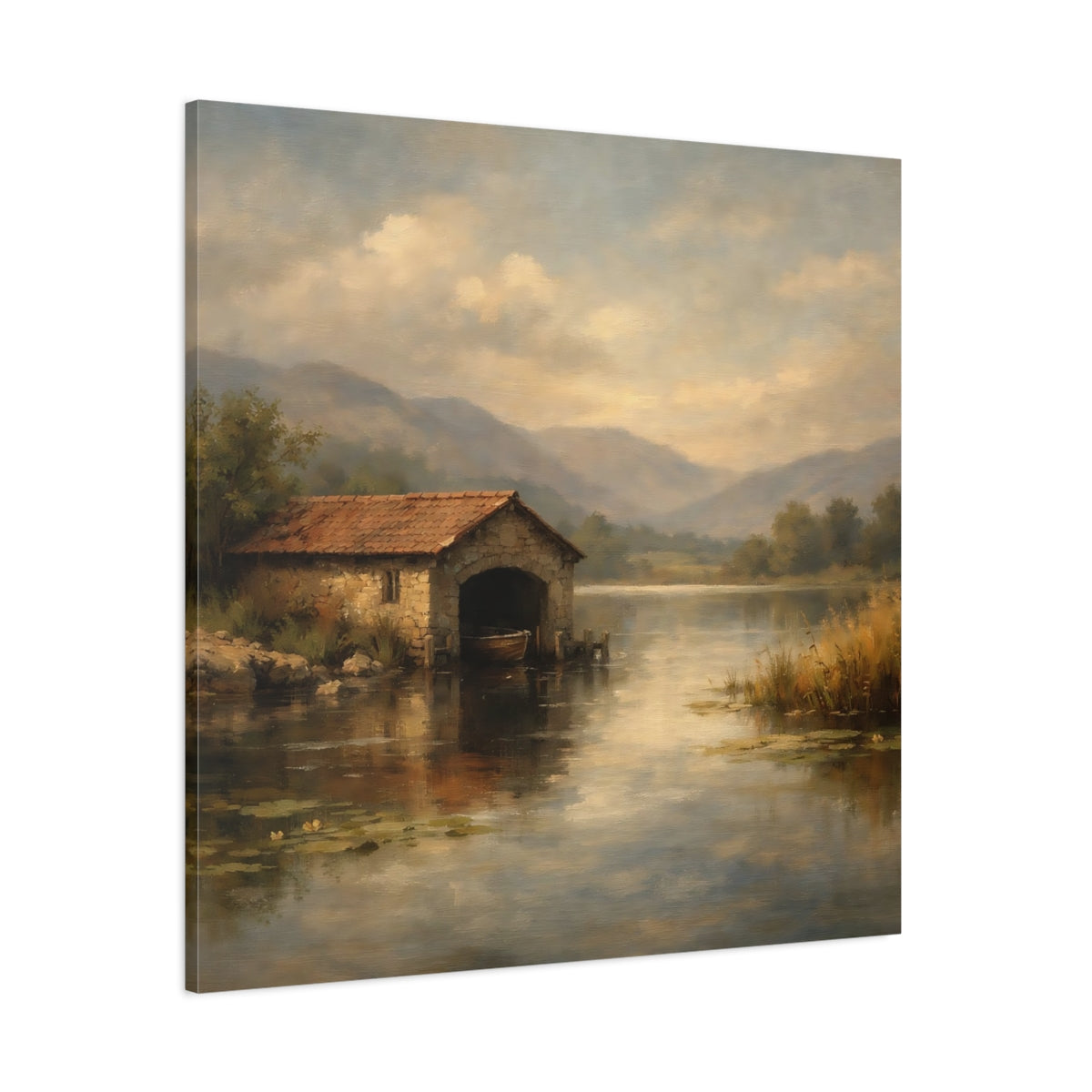 Main Mockup. Nature Boathouse Misty Lake Landscape shown as stretched canvas wall art