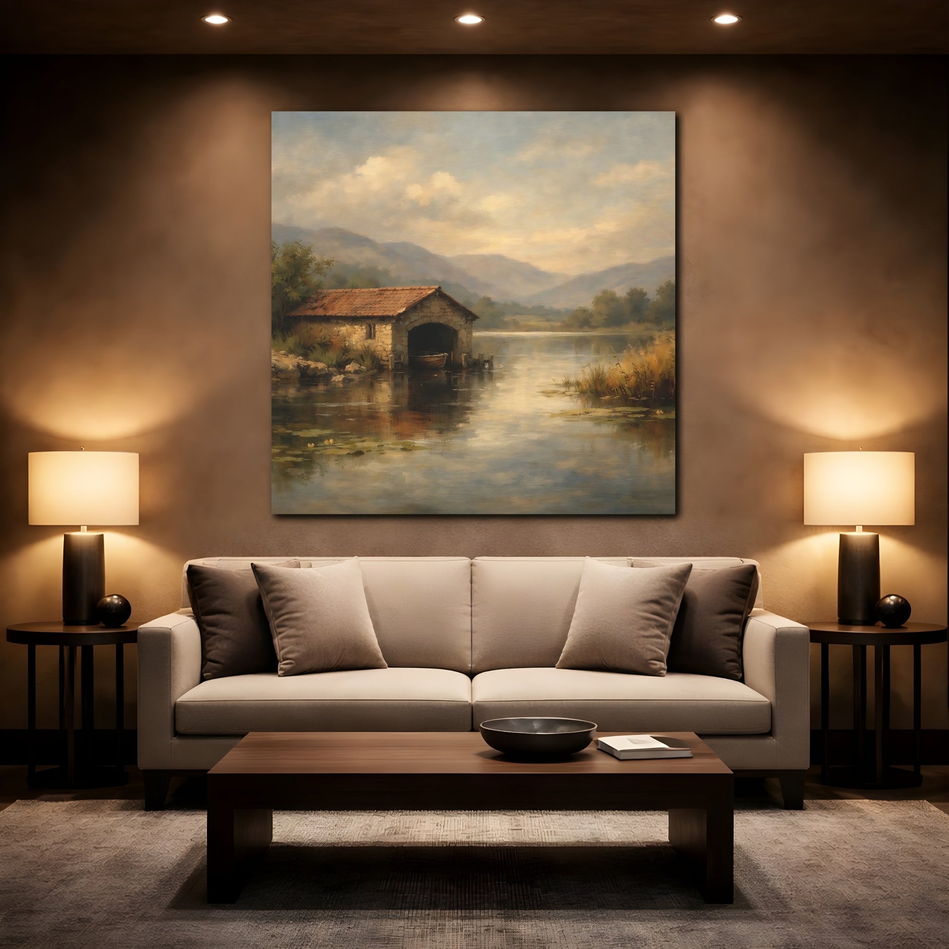Mockup 2. Nature Boathouse Misty Lake Landscape shown as stretched canvas wall art