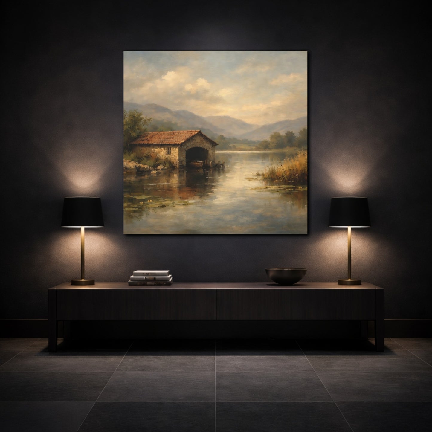 Mockup 3. Nature Boathouse Misty Lake Landscape shown as stretched canvas wall art
