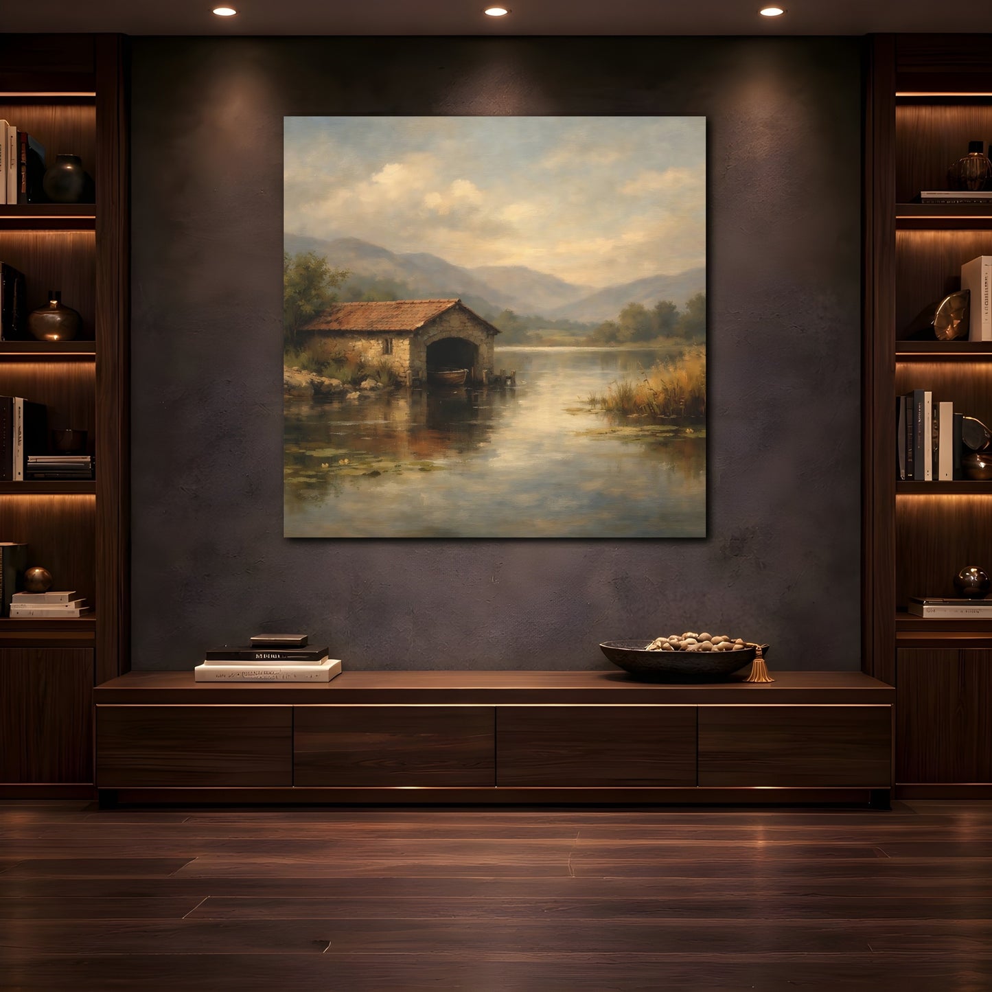 Mockup 4. Nature Boathouse Misty Lake Landscape shown as stretched canvas wall art