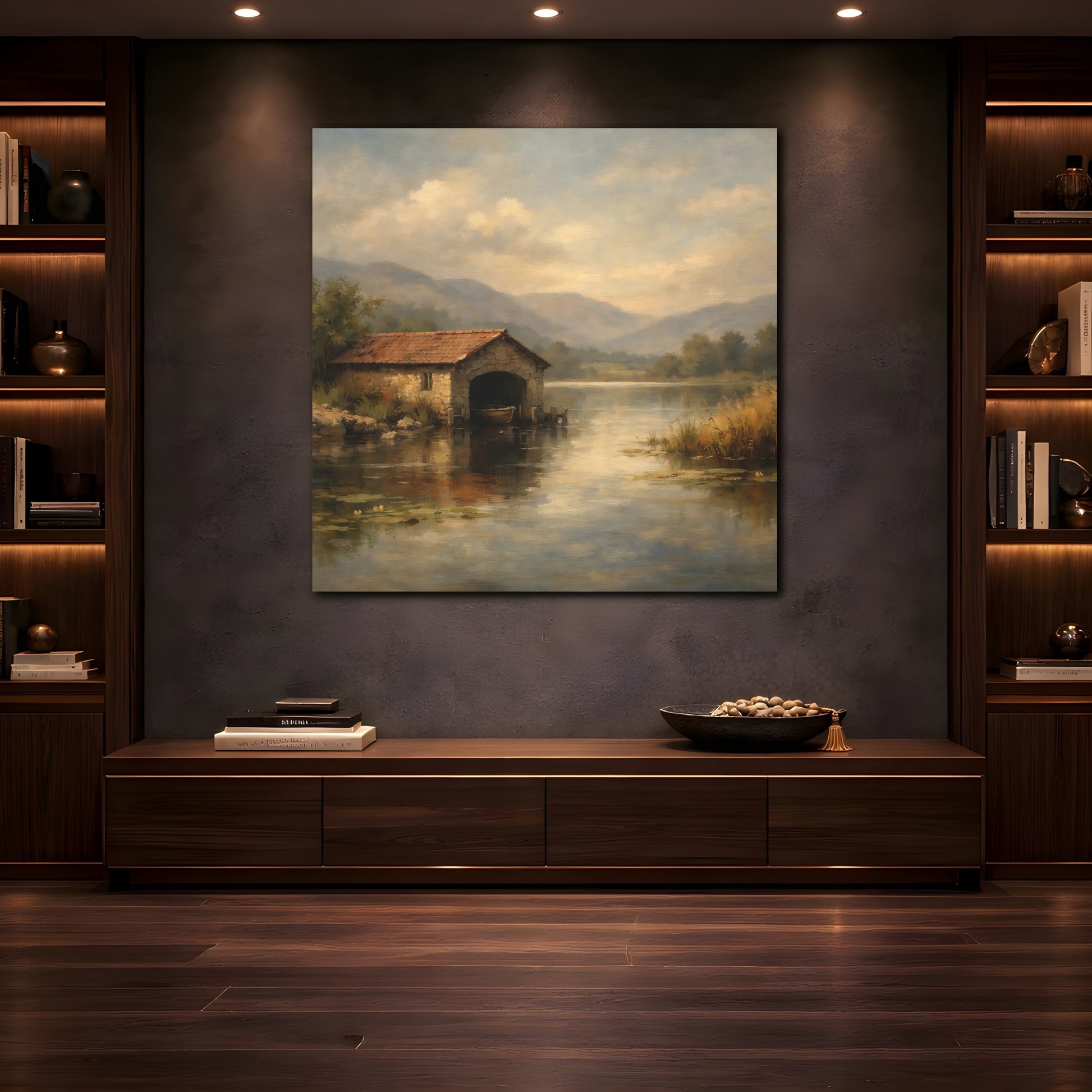 Mockup 4. Nature Boathouse Misty Lake Landscape shown as stretched canvas wall art
