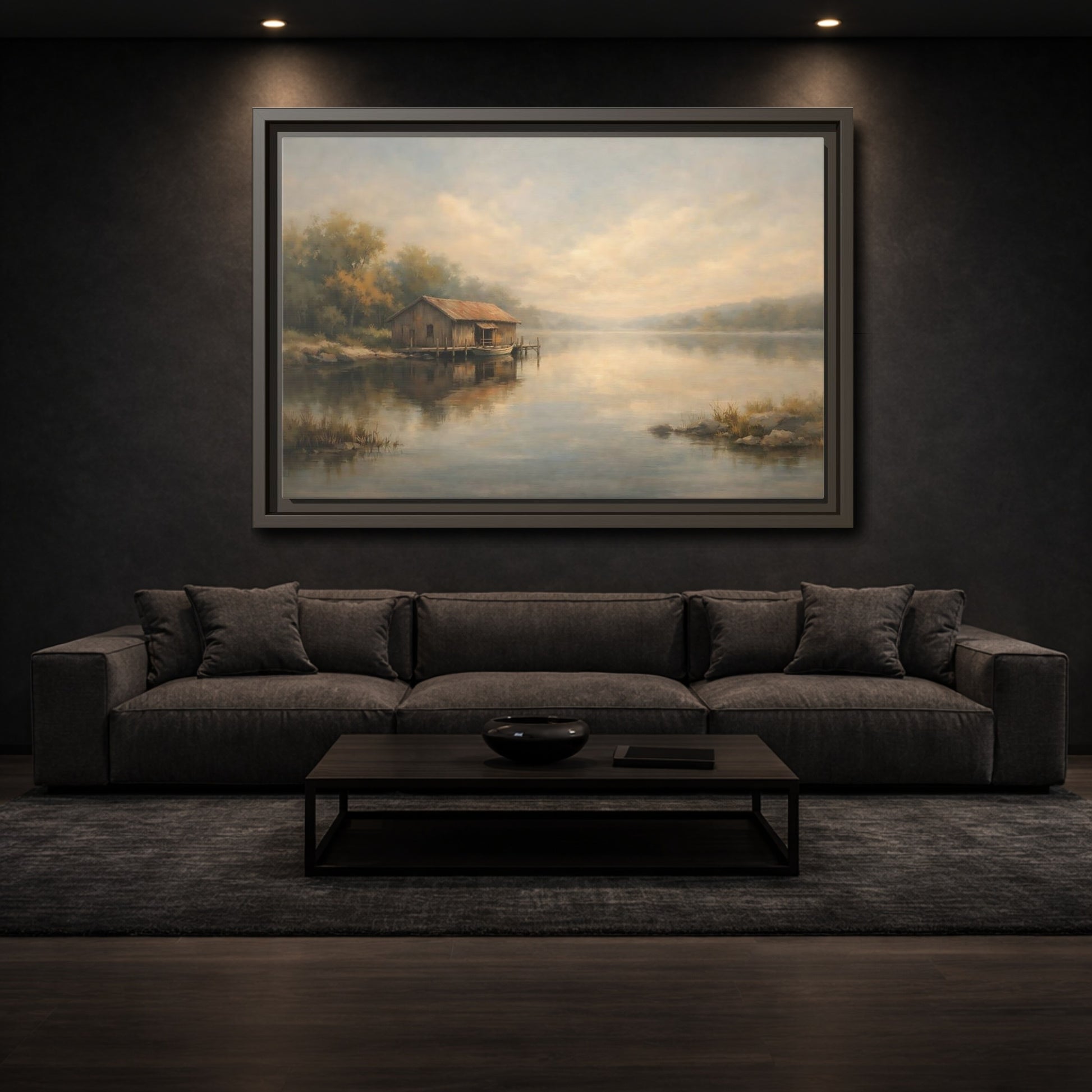 Mockup 2. Nature Boathouse Misty Lake shown as stretched canvas wall art