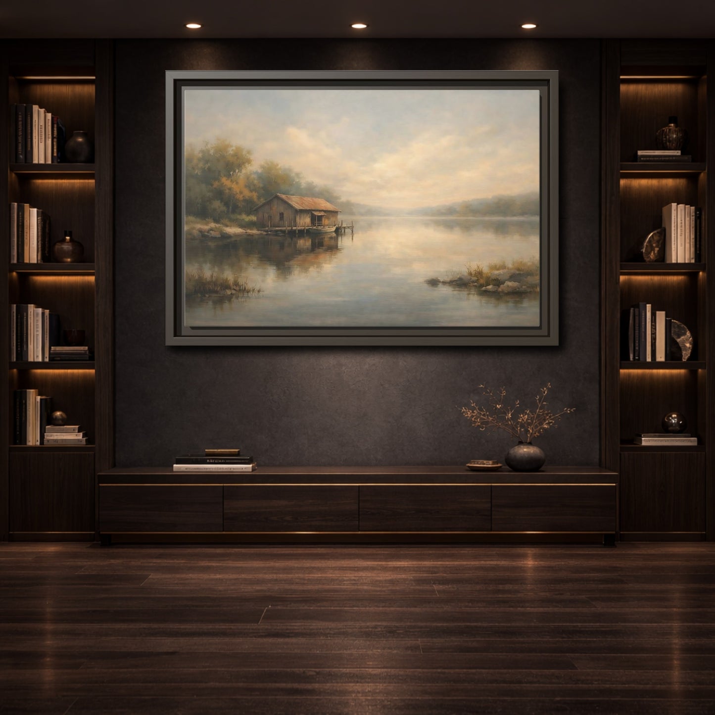 Mockup 3. Nature Boathouse Misty Lake shown as stretched canvas wall art