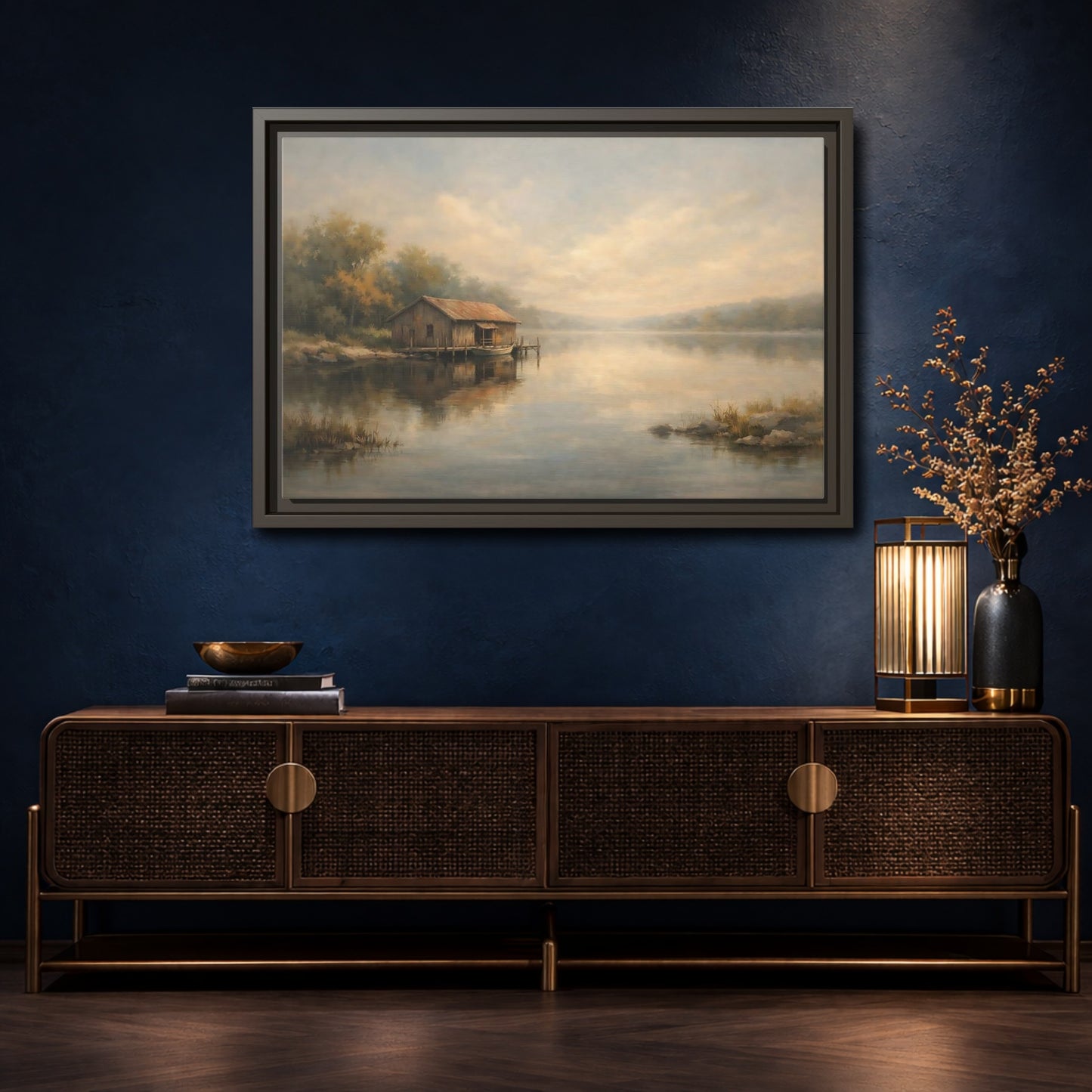 Mockup 4. Nature Boathouse Misty Lake shown as stretched canvas wall art