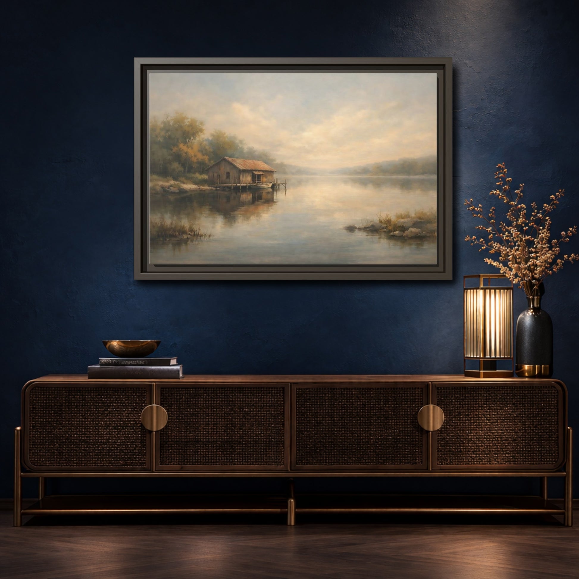 Mockup 4. Nature Boathouse Misty Lake shown as stretched canvas wall art