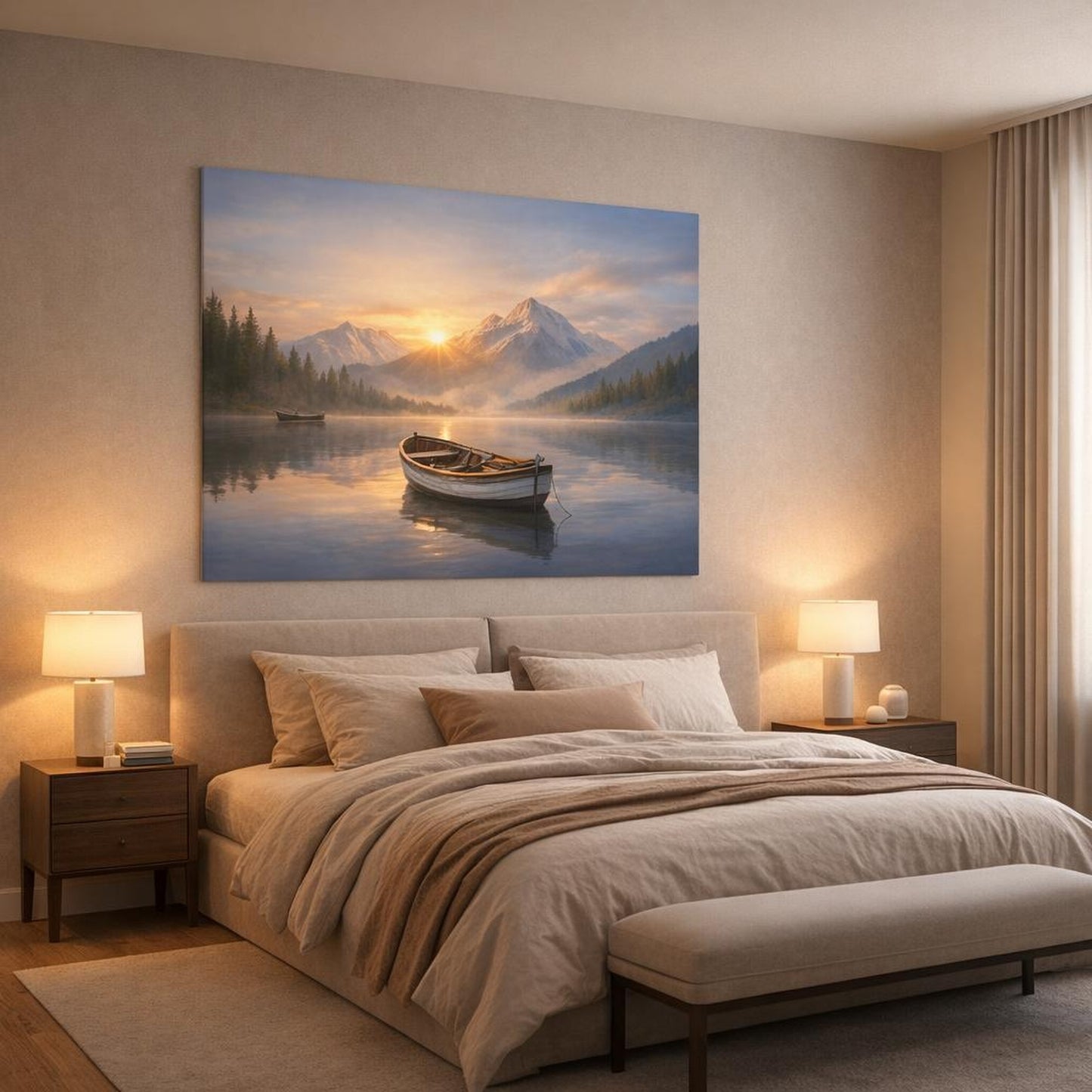 Nature Boats shown as canvas wall art in a luxury bedroom
