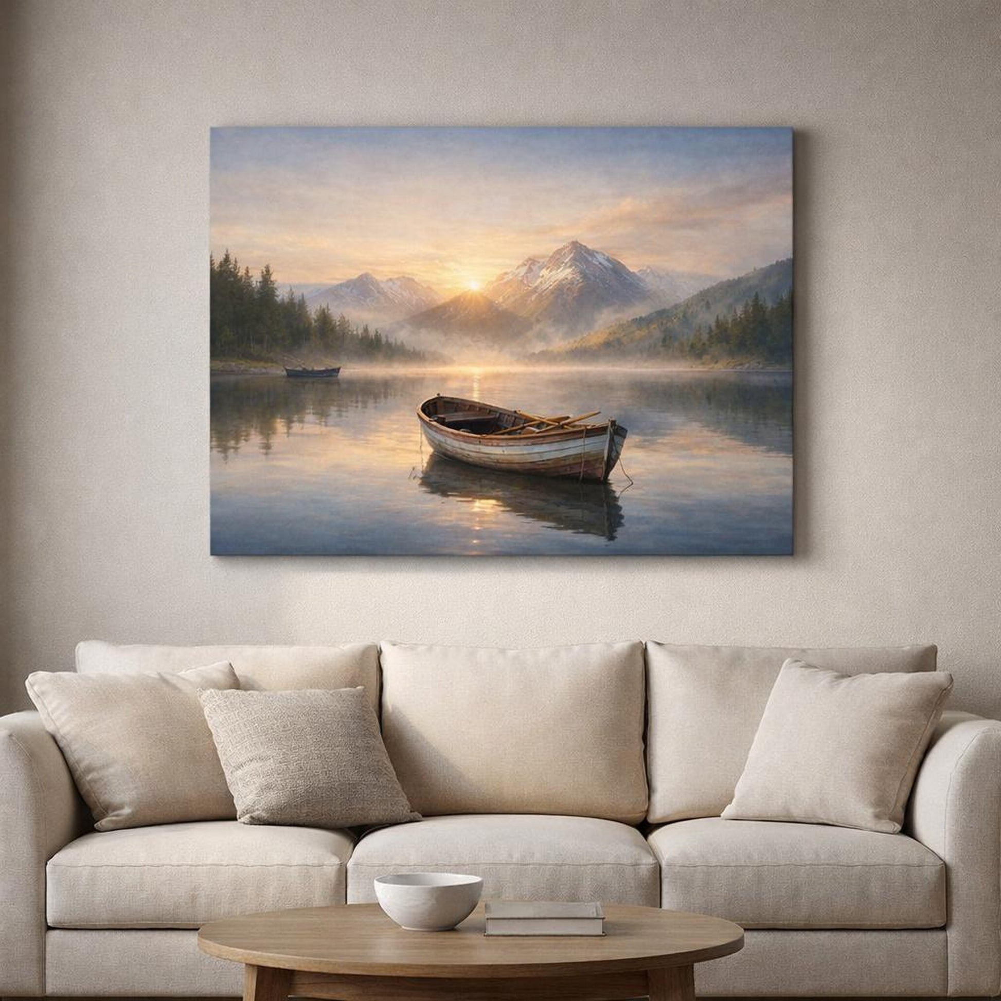 Nature Boats shown as canvas wall art in a refined dining room