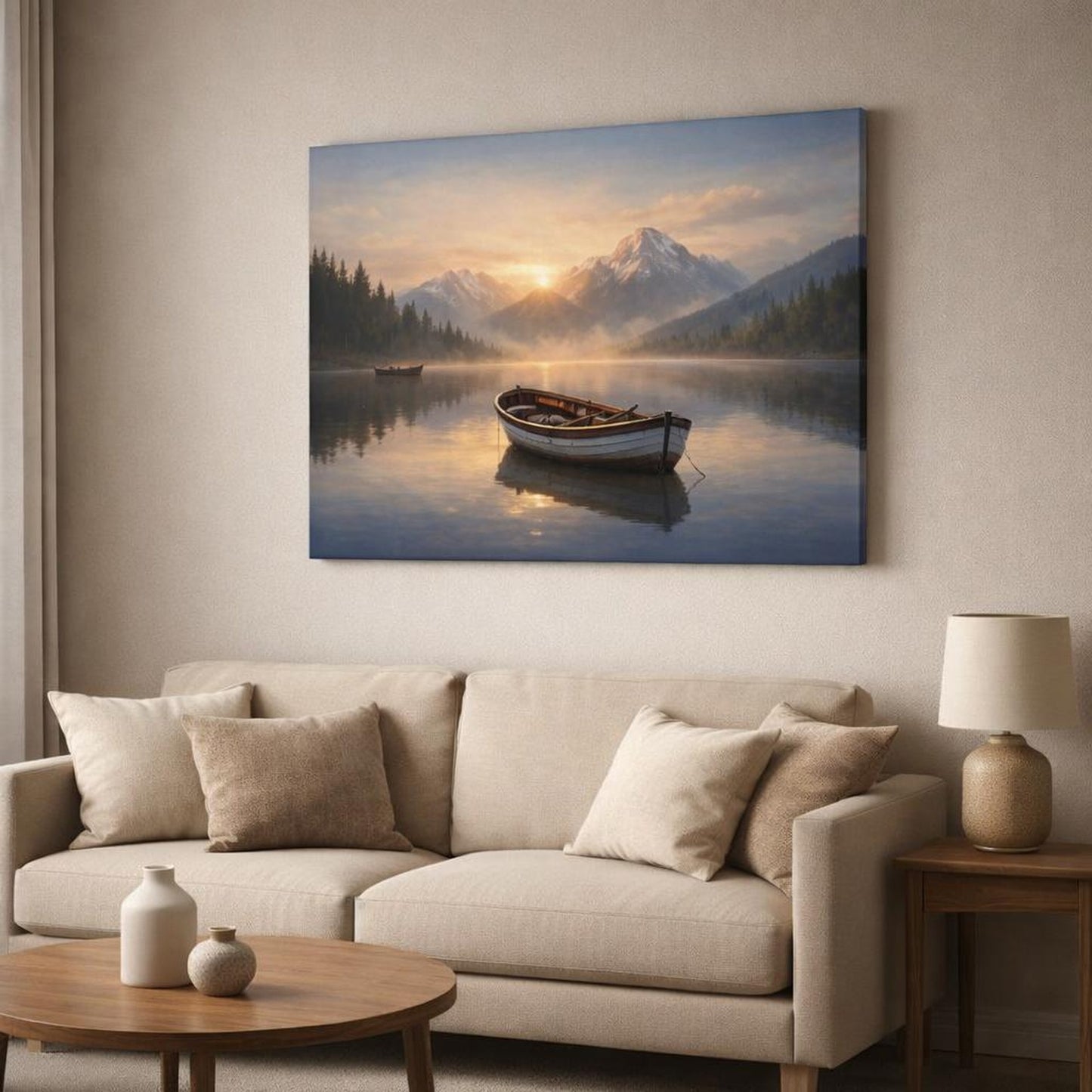 Nature Boats shown as canvas wall art in a modern living room