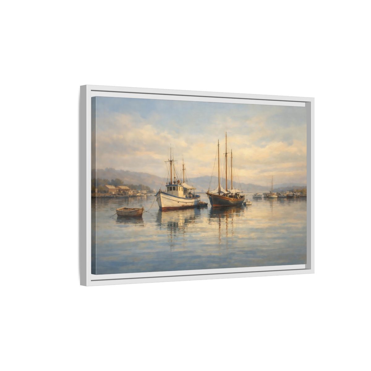 Side Mockup 1. Nature Boats Coastal Harbor shown as stretched canvas wall art