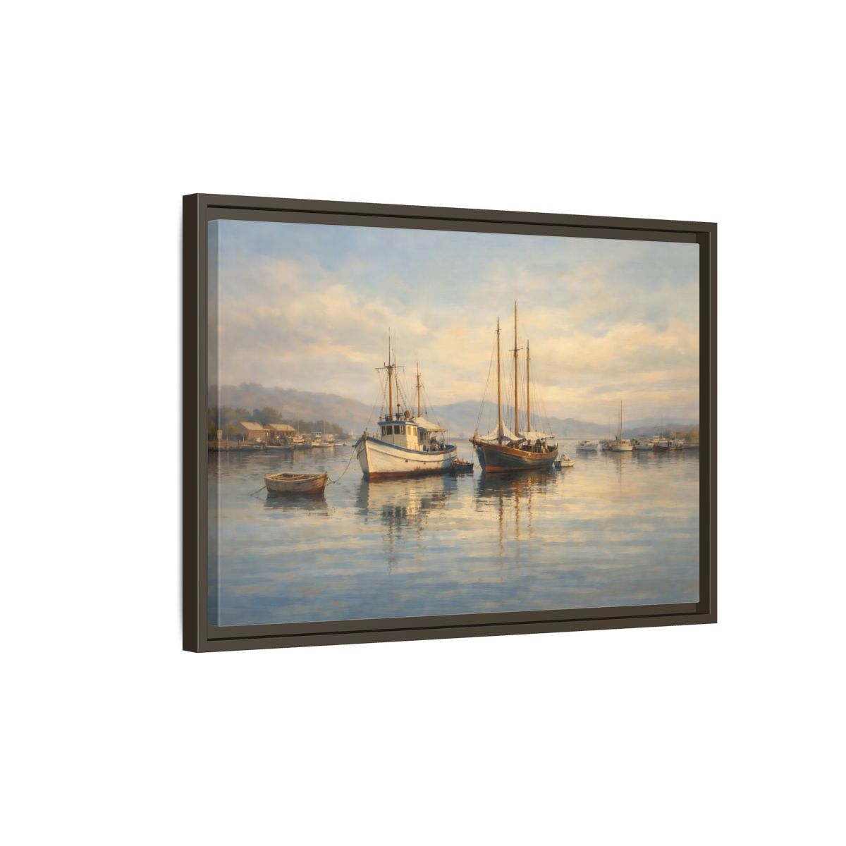 Side Mockup 2. Nature Boats Coastal Harbor shown as stretched canvas wall art