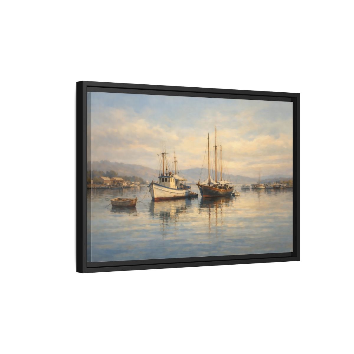 Side Mockup 3. Nature Boats Coastal Harbor shown as stretched canvas wall art