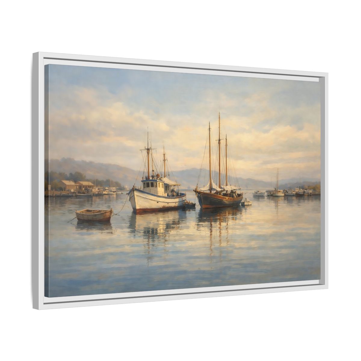 Side Mockup 10. Nature Boats Coastal Harbor shown as stretched canvas wall art