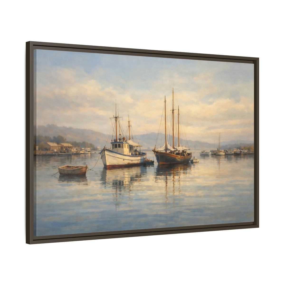 Side Mockup 9. Nature Boats Coastal Harbor shown as stretched canvas wall art
