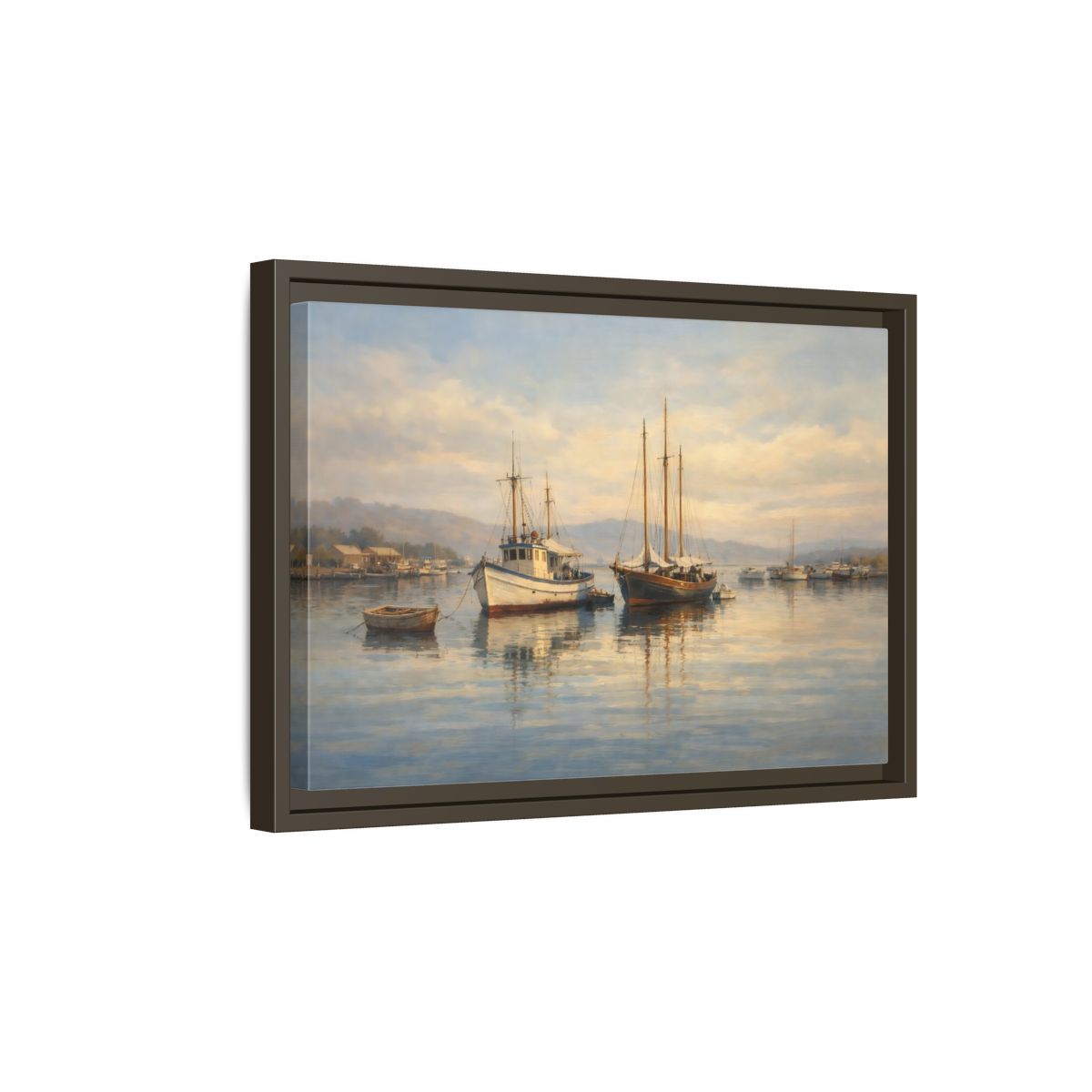 Side Mockup 5. Nature Boats Coastal Harbor shown as stretched canvas wall art
