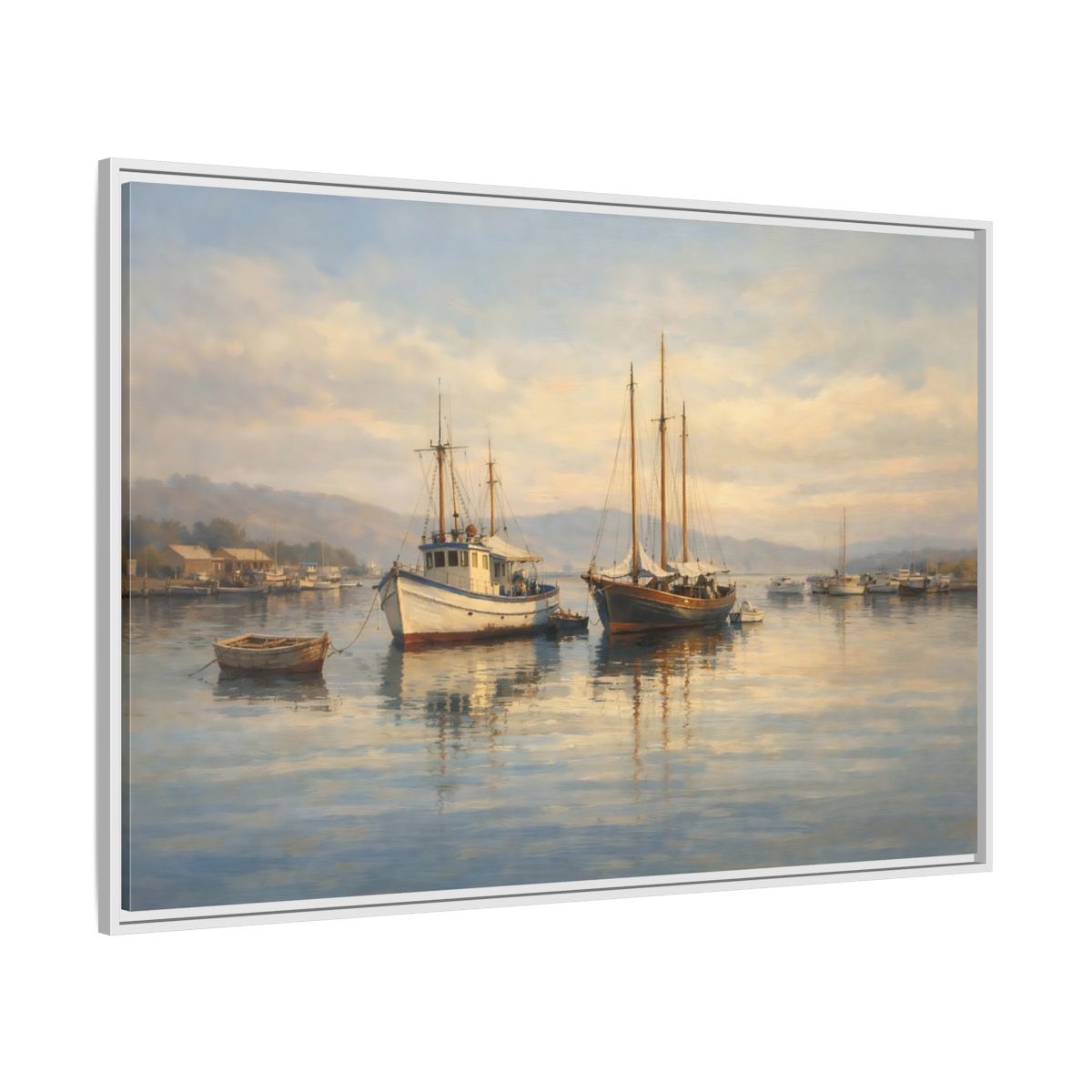 Side Mockup 7. Nature Boats Coastal Harbor shown as stretched canvas wall art