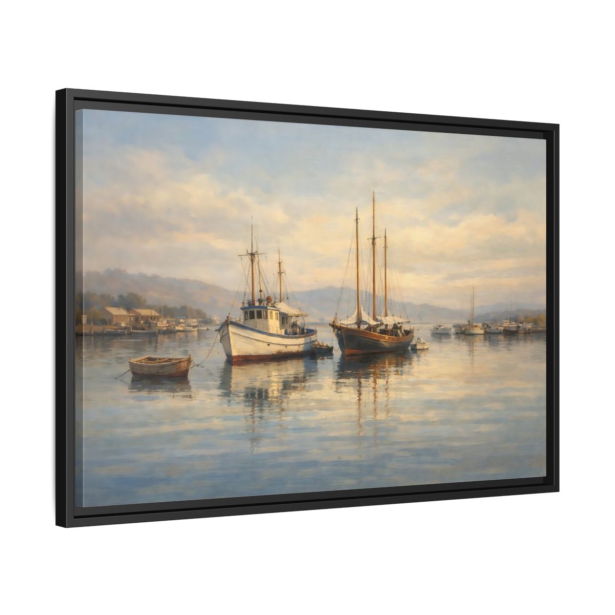 Side Mockup 14. Nature Boats Coastal Harbor shown as stretched canvas wall art