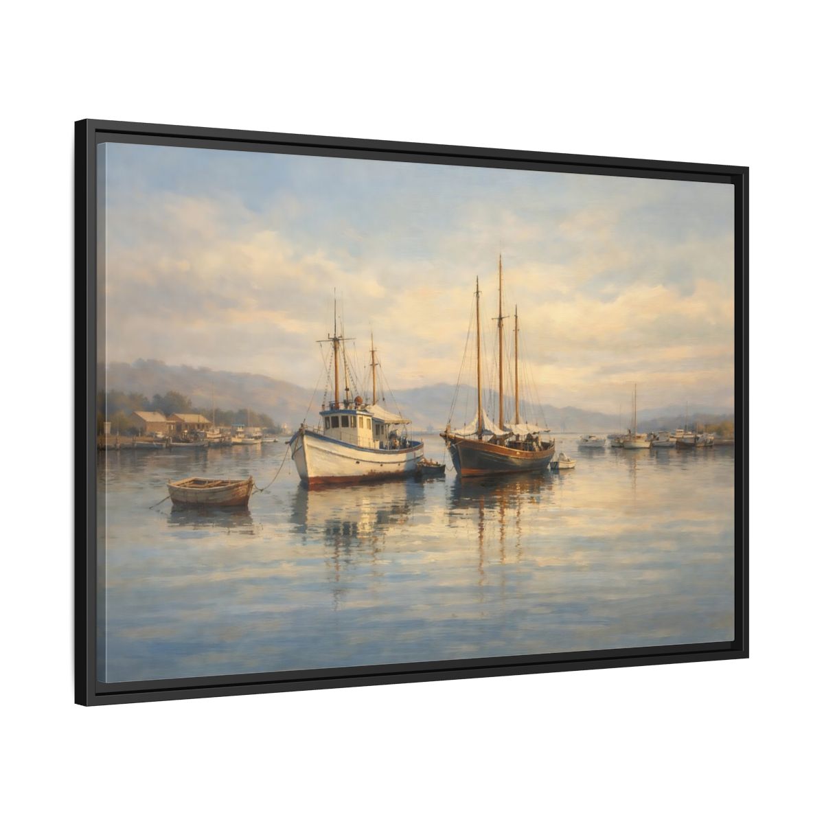 Side Mockup 13. Nature Boats Coastal Harbor shown as stretched canvas wall art