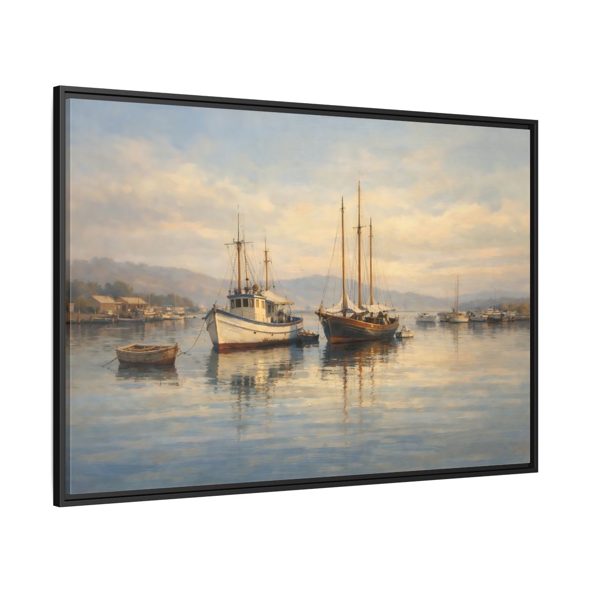 Side Mockup 12. Nature Boats Coastal Harbor shown as stretched canvas wall art