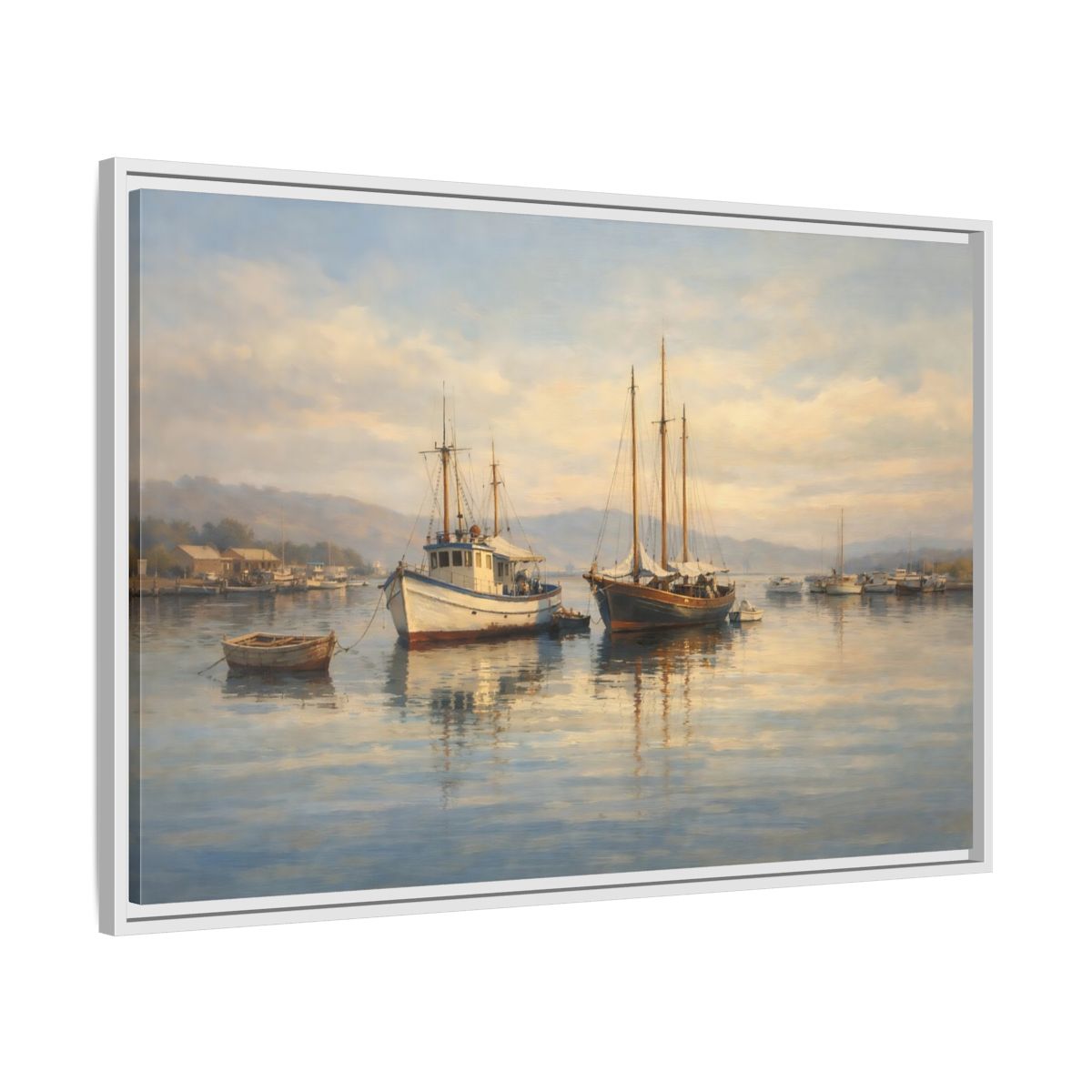 Side Mockup 8. Nature Boats Coastal Harbor shown as stretched canvas wall art