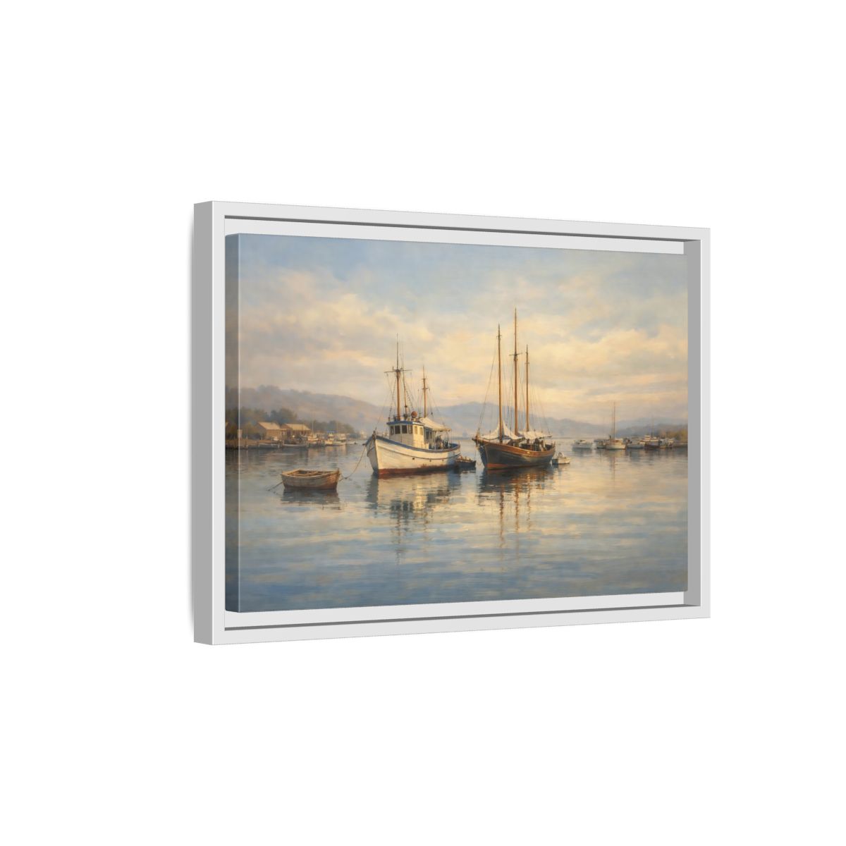 Side Mockup 4. Nature Boats Coastal Harbor shown as stretched canvas wall art