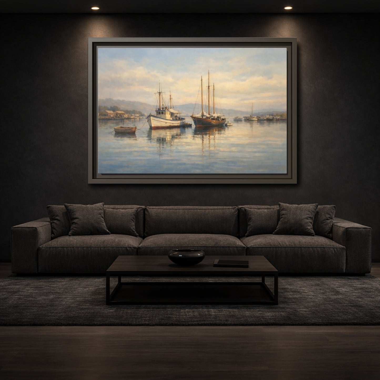 Mockup 2. Nature Boats Coastal Harbor shown as stretched canvas wall art