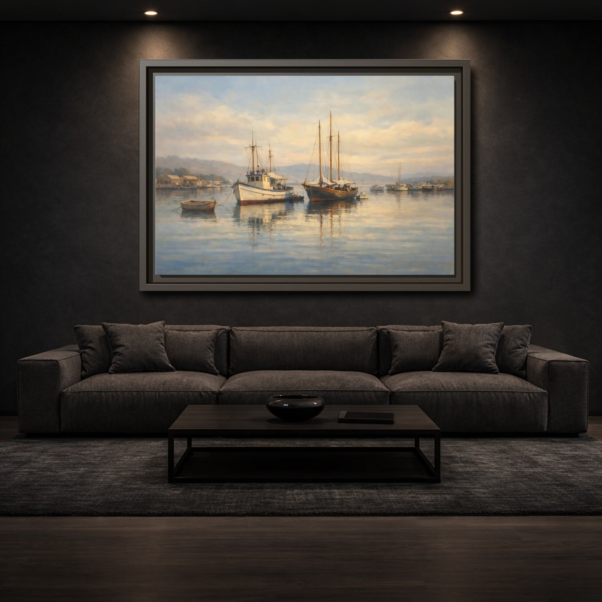 Mockup 2. Nature Boats Coastal Harbor shown as stretched canvas wall art
