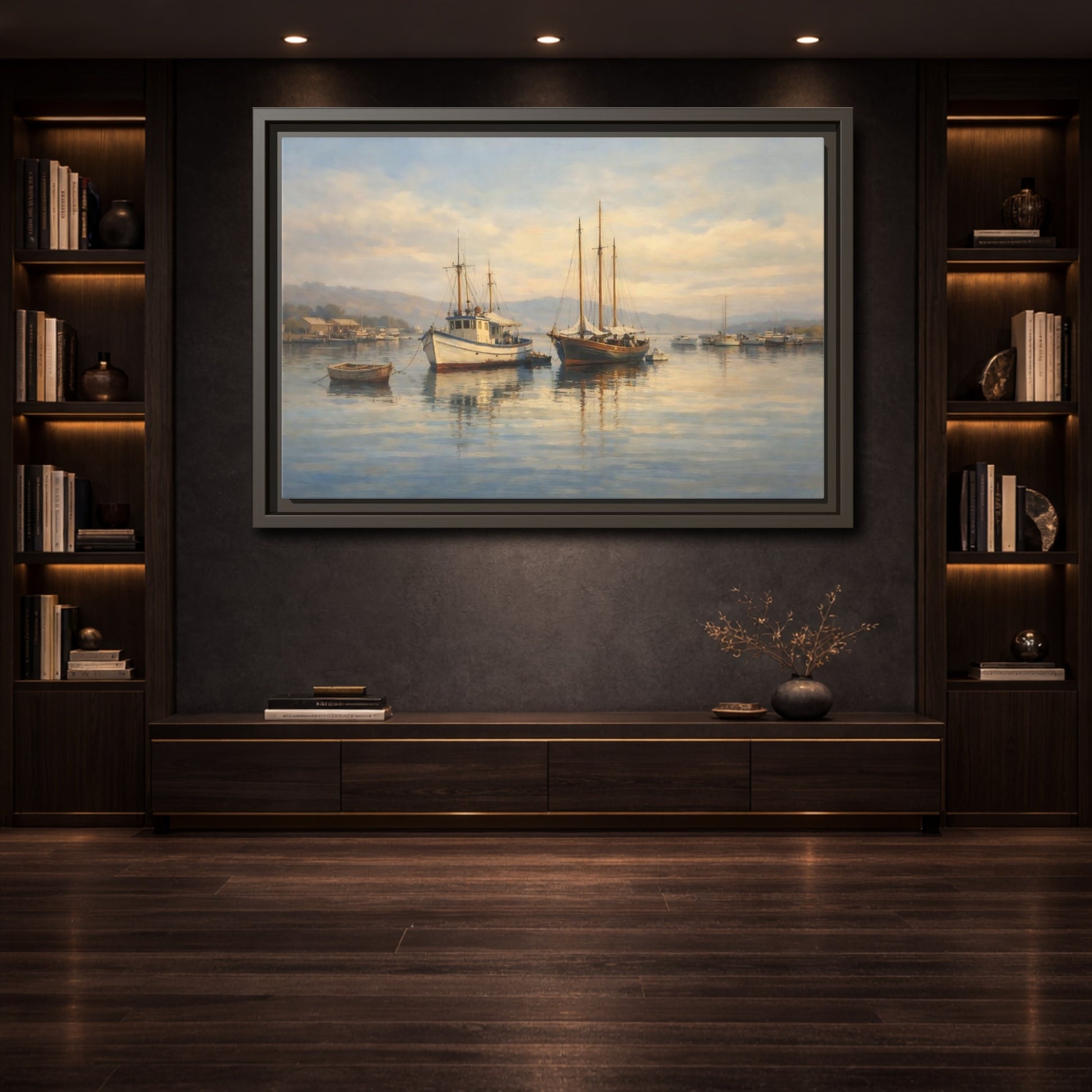 Mockup 3. Nature Boats Coastal Harbor shown as stretched canvas wall art