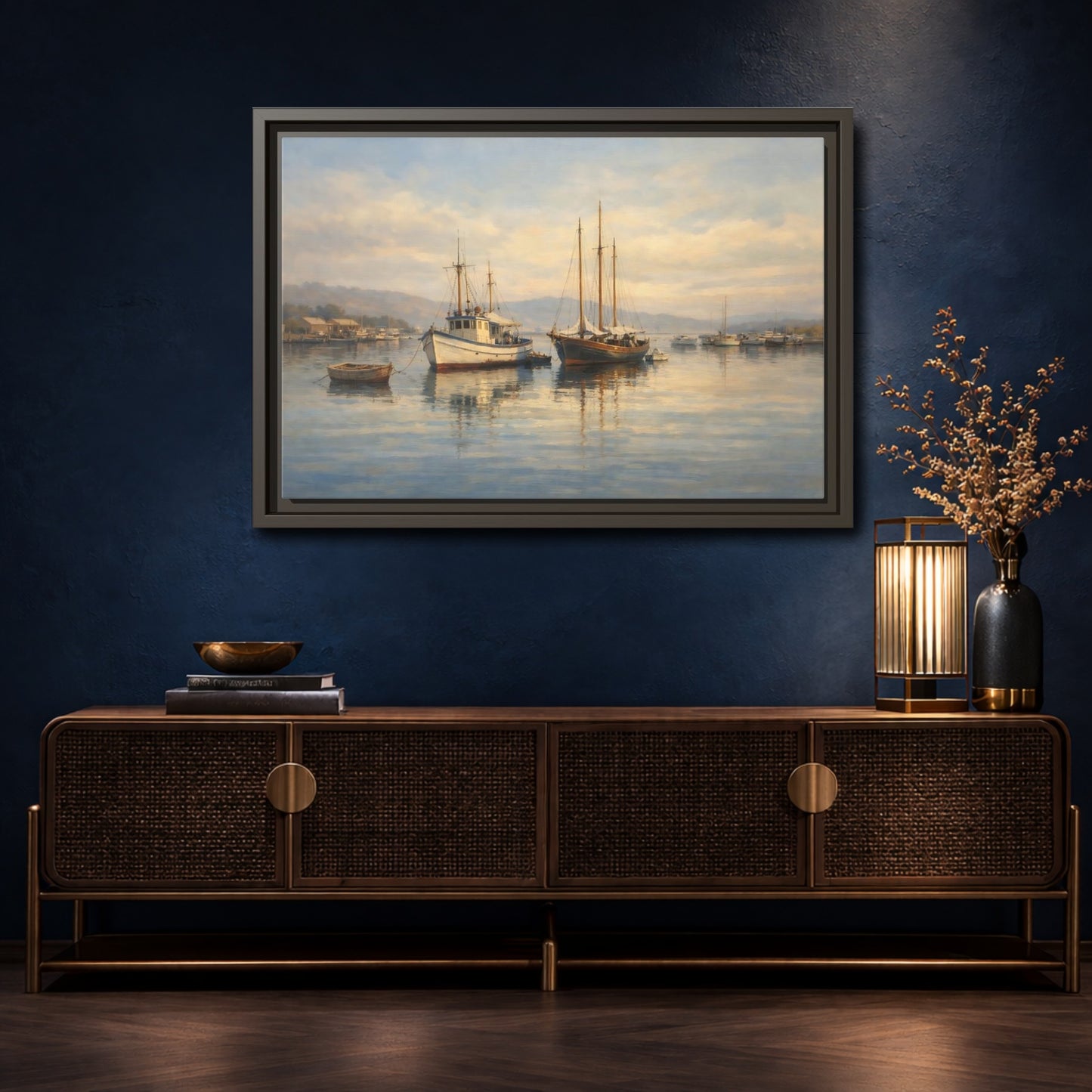 Mockup 4. Nature Boats Coastal Harbor shown as stretched canvas wall art