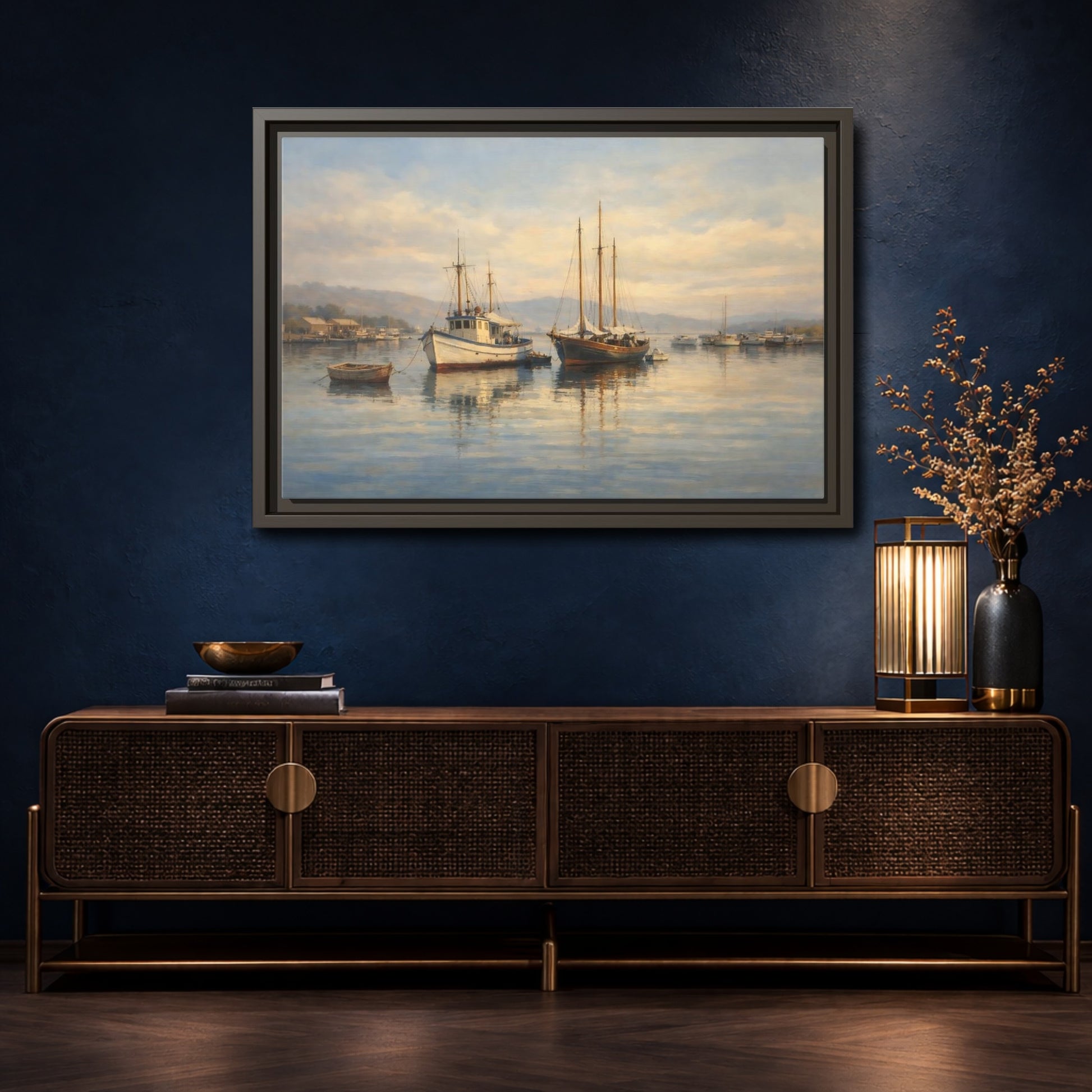 Mockup 4. Nature Boats Coastal Harbor shown as stretched canvas wall art