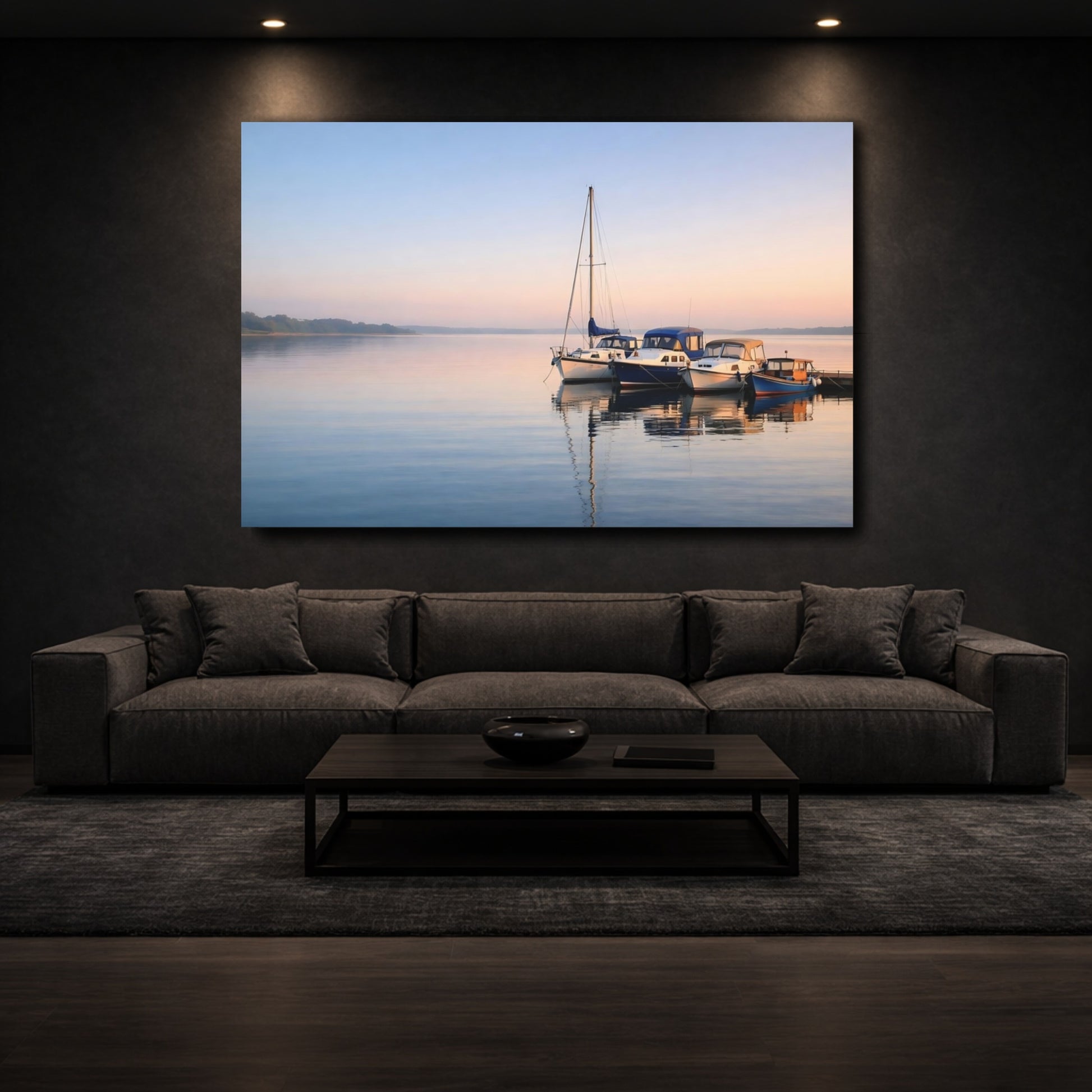 Mockup 2. Nature Boats Serene Lake Boats shown as stretched canvas wall art