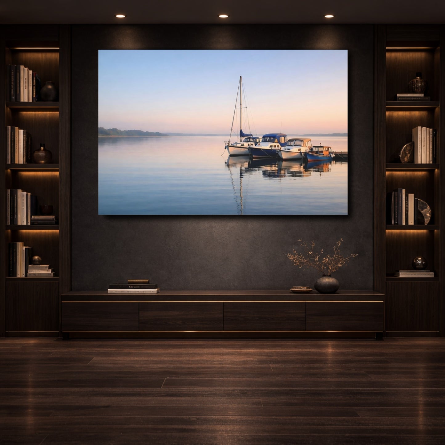 Mockup 3. Nature Boats Serene Lake Boats shown as stretched canvas wall art
