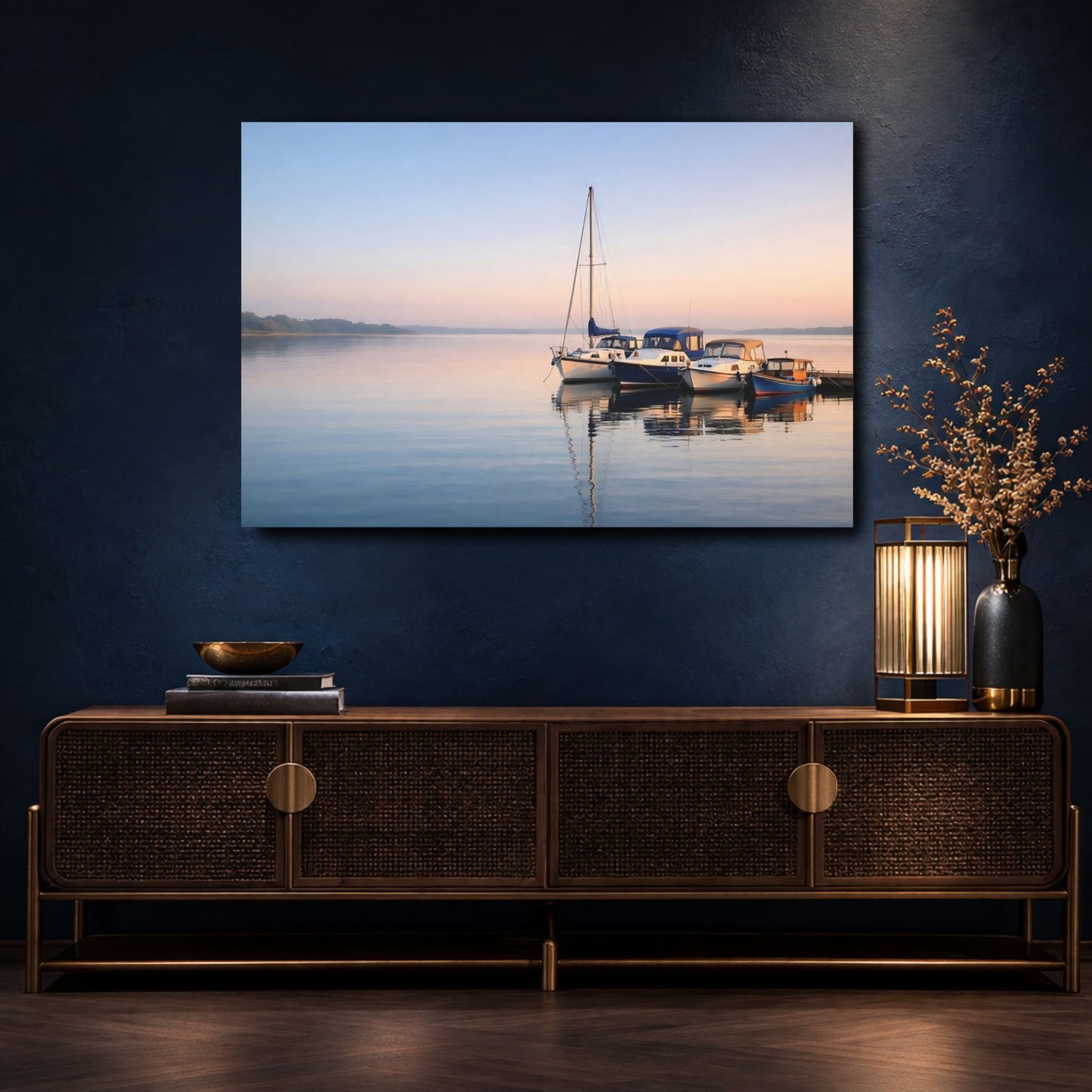 Mockup 4. Nature Boats Serene Lake Boats shown as stretched canvas wall art
