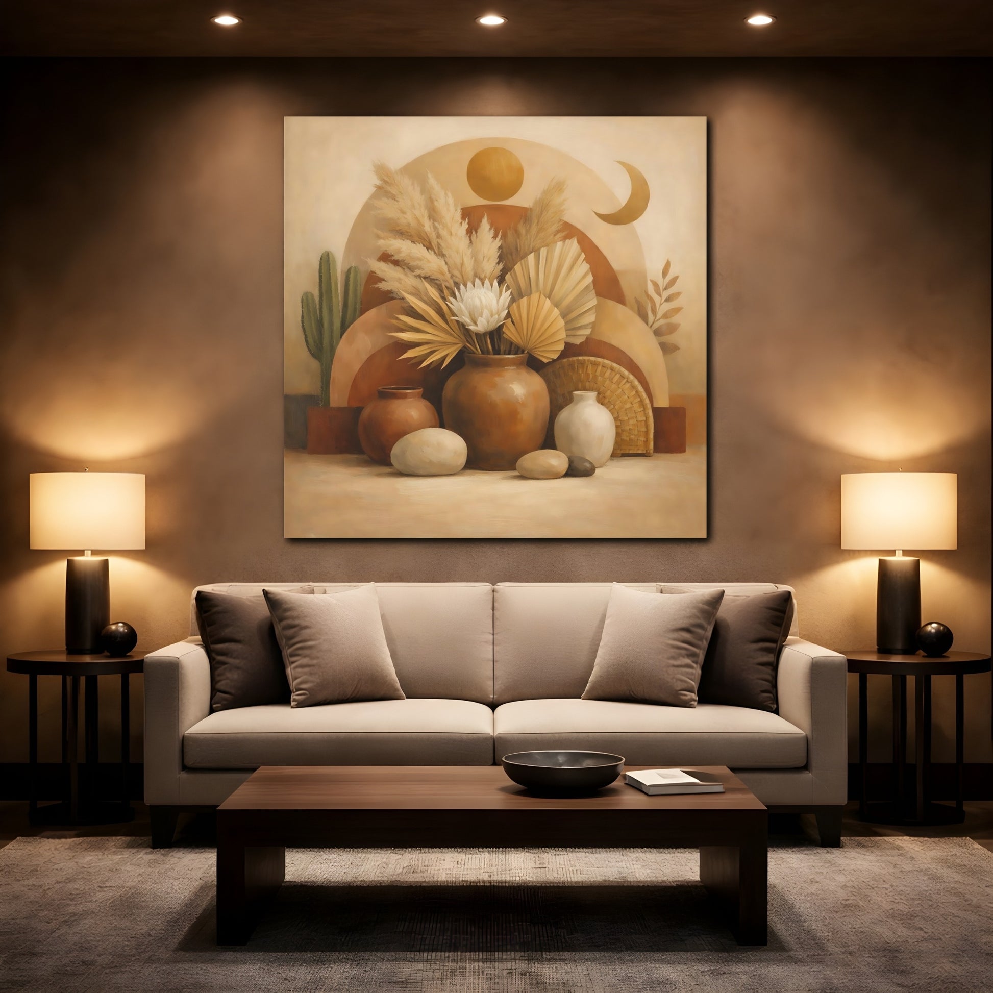 Mockup 2. Nature Boho Still Life Brown And Beige shown as stretched canvas wall art