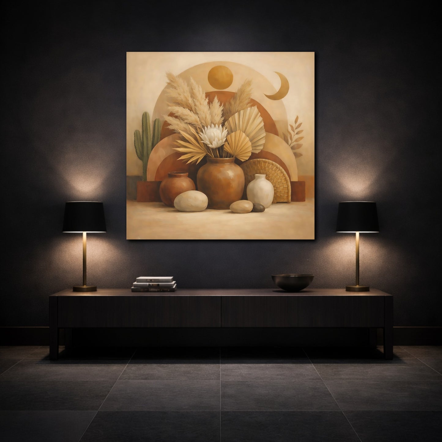 Mockup 3. Nature Boho Still Life Brown And Beige shown as stretched canvas wall art