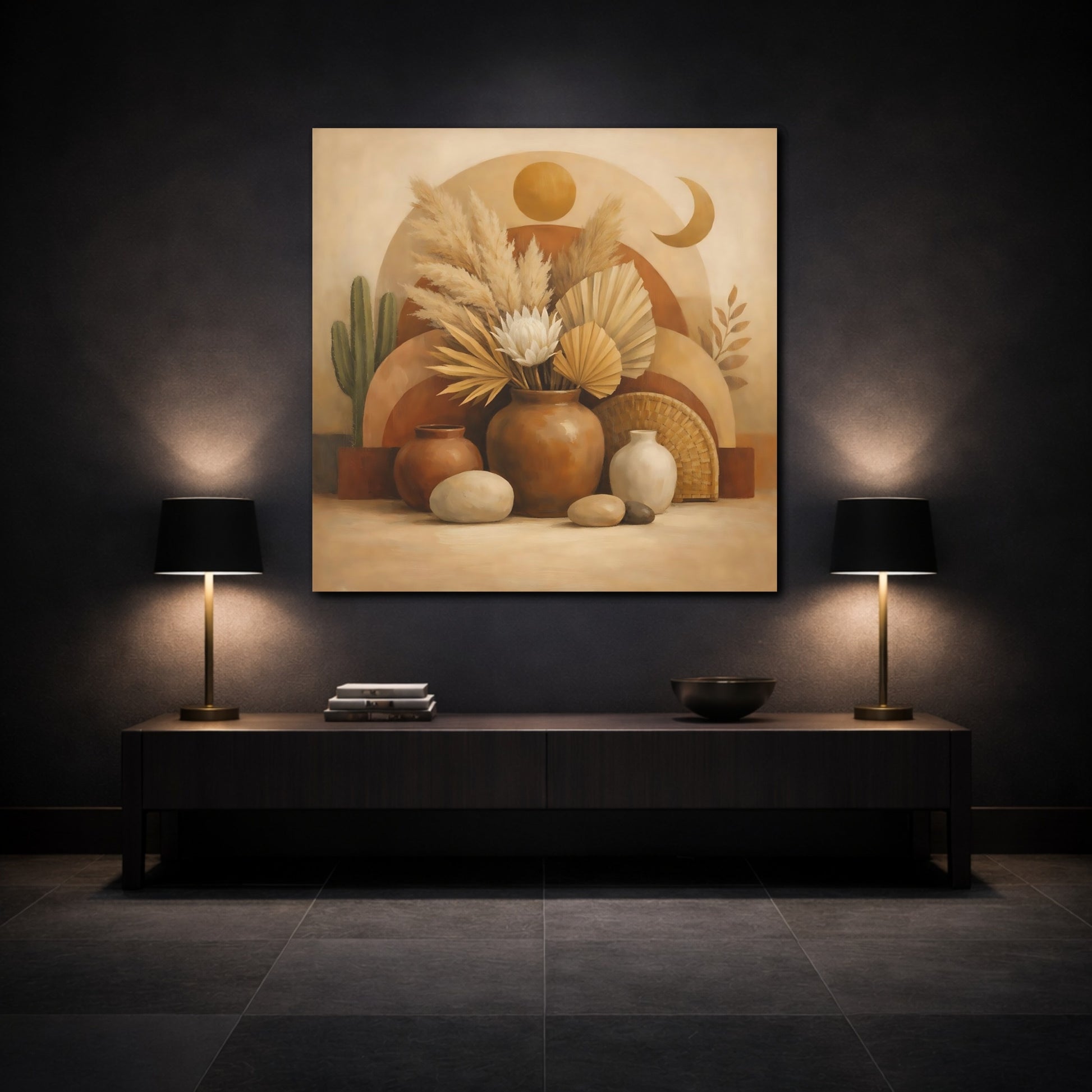 Mockup 3. Nature Boho Still Life Brown And Beige shown as stretched canvas wall art