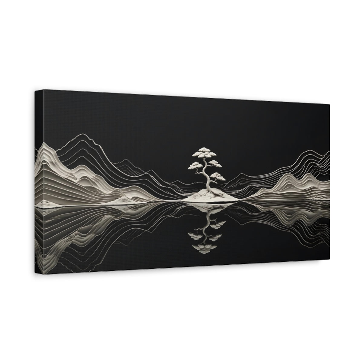 Side Mockup 3. Nature Bonsai Tree Black And White shown as stretched canvas wall art