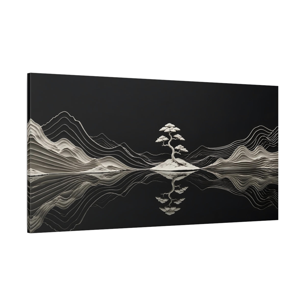 Side Mockup 2. Nature Bonsai Tree Black And White shown as stretched canvas wall art
