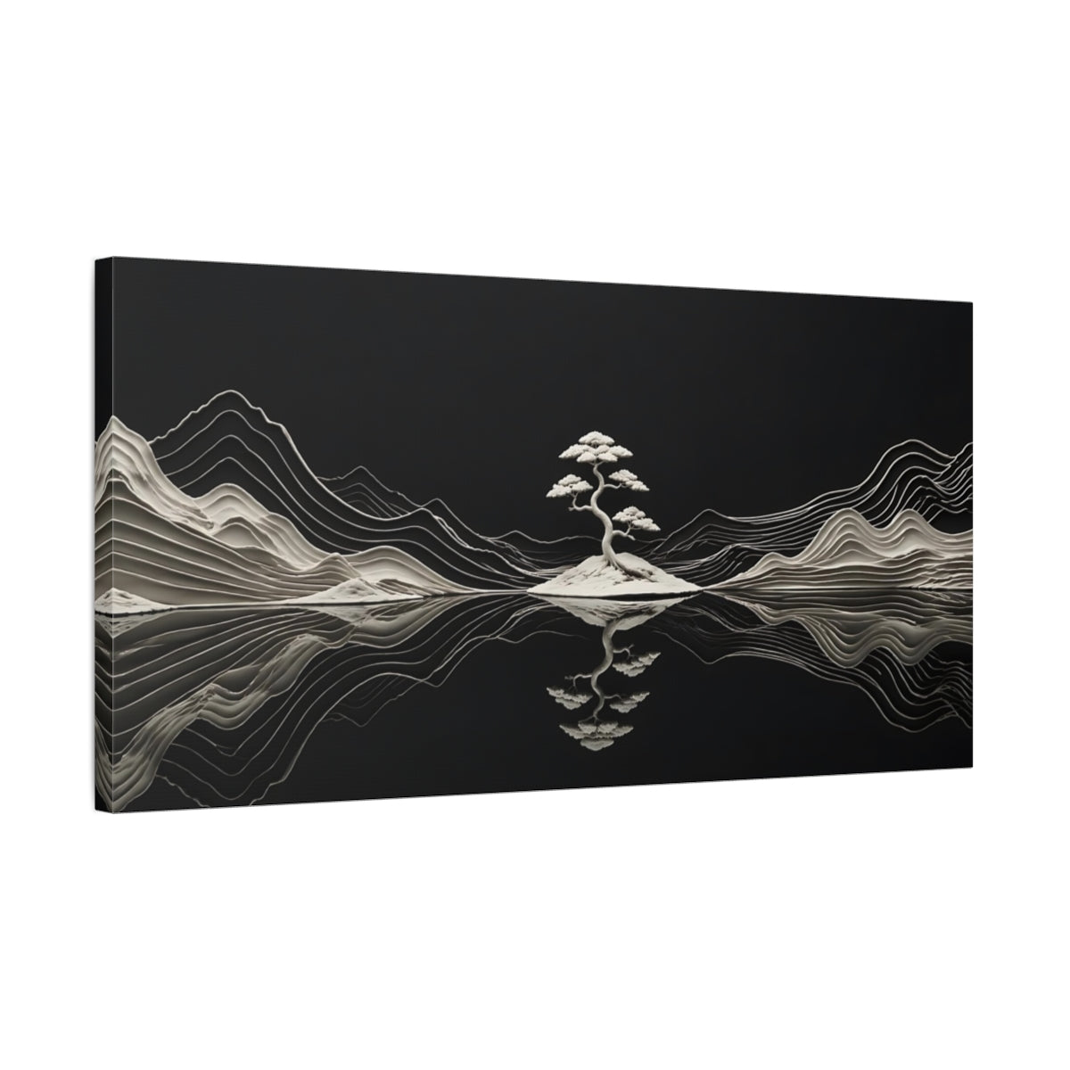 Side Mockup 1. Nature Bonsai Tree Black And White shown as stretched canvas wall art