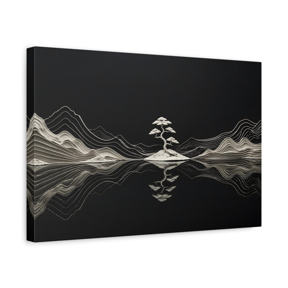 Side Mockup 4. Nature Bonsai Tree Black And White Nature shown as stretched canvas wall art