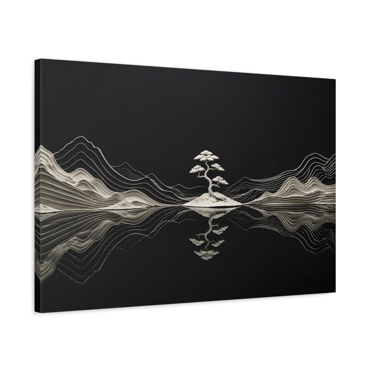 Side Mockup 2. Nature Bonsai Tree Black And White Nature shown as stretched canvas wall art