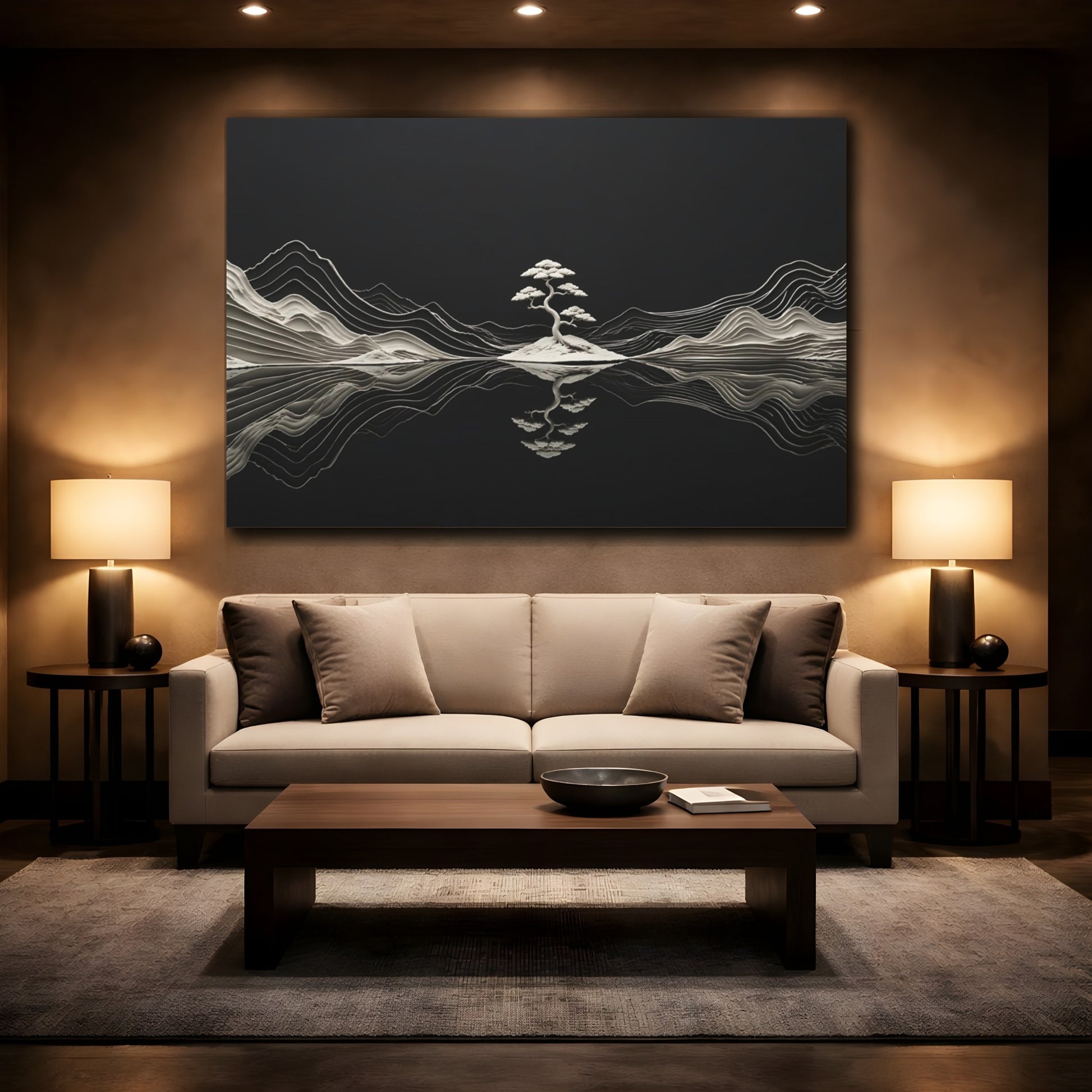 Mockup 2. Nature Bonsai Tree Black And White Nature shown as stretched canvas wall art
