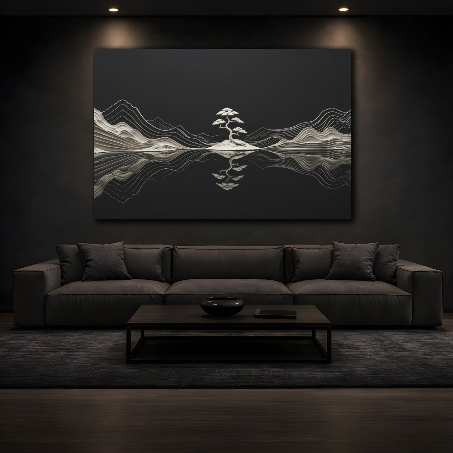 Mockup 3. Nature Bonsai Tree Black And White Nature shown as stretched canvas wall art