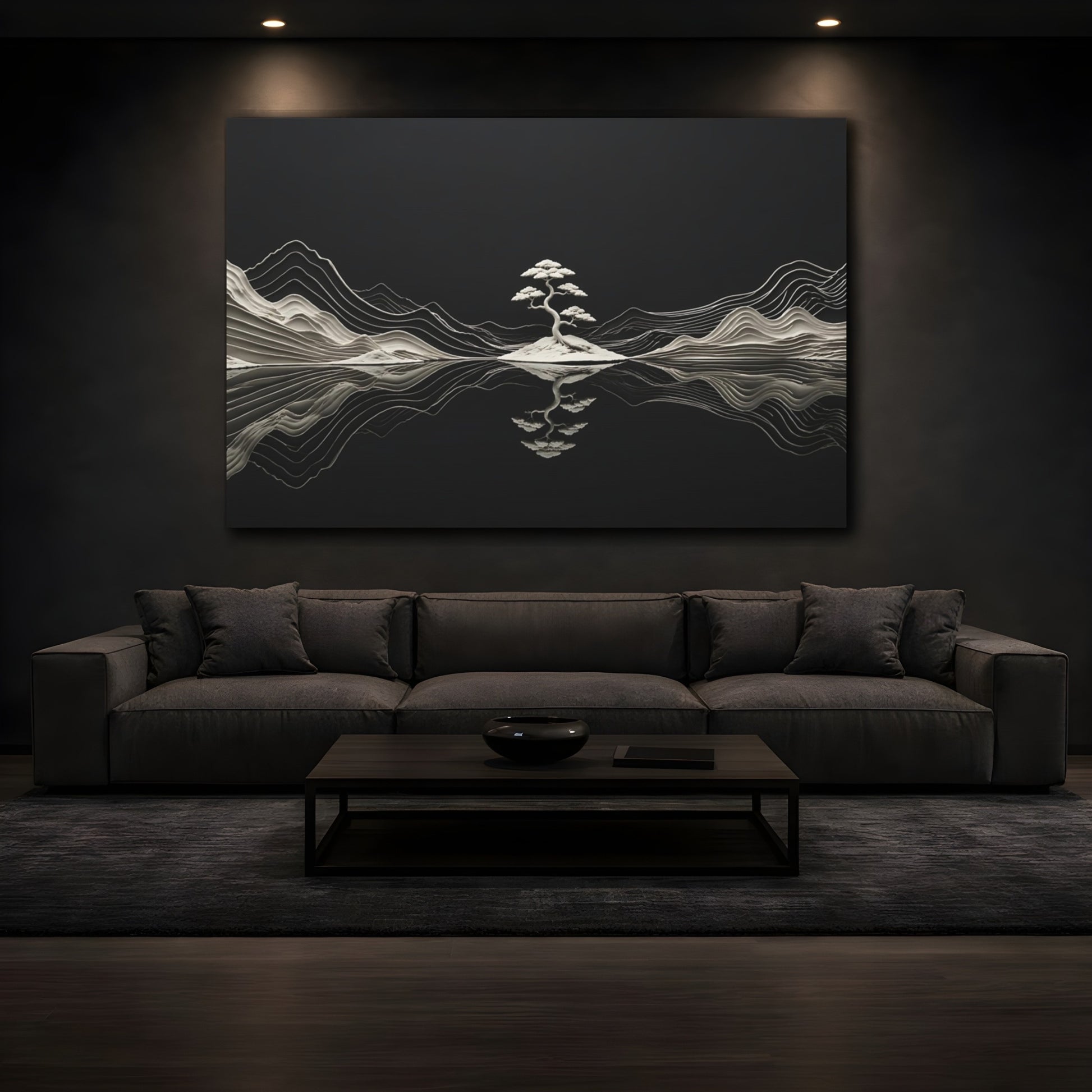 Mockup 3. Nature Bonsai Tree Black And White Nature shown as stretched canvas wall art