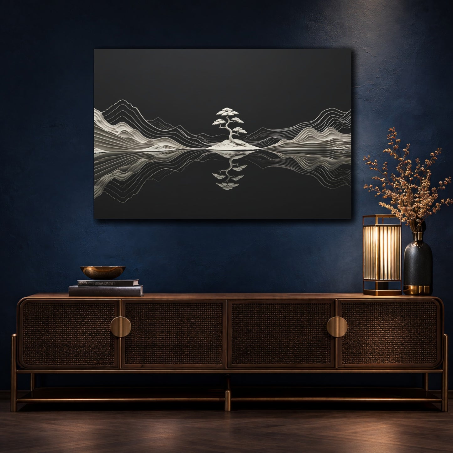 Mockup 4. Nature Bonsai Tree Black And White Nature shown as stretched canvas wall art