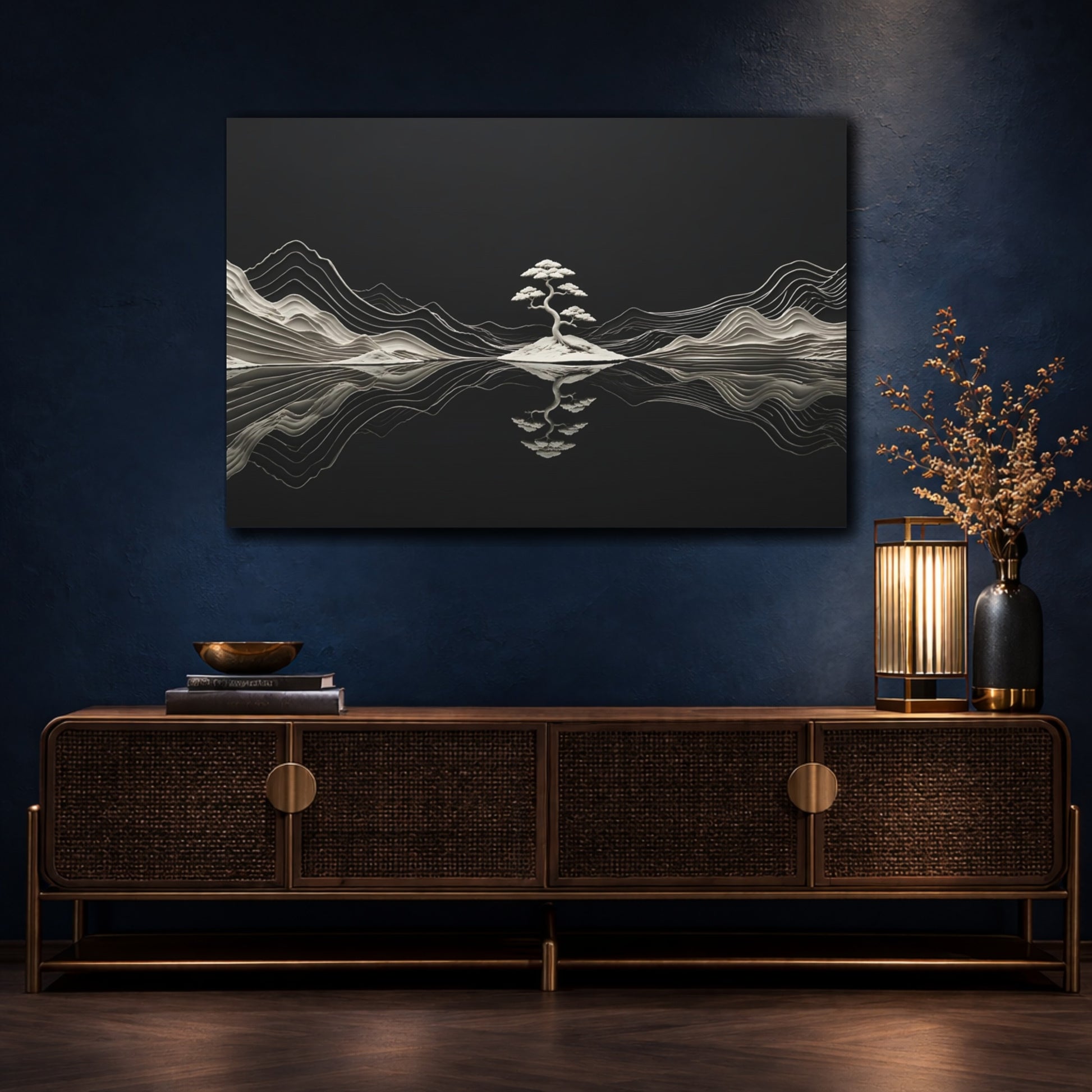 Mockup 4. Nature Bonsai Tree Black And White Nature shown as stretched canvas wall art