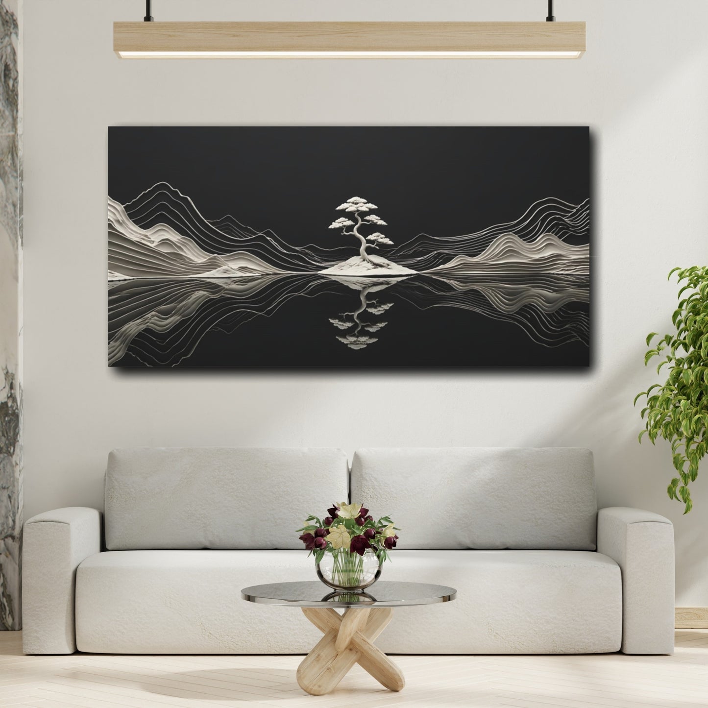 Mockup 3. Nature Bonsai Tree Black And White shown as stretched canvas wall art