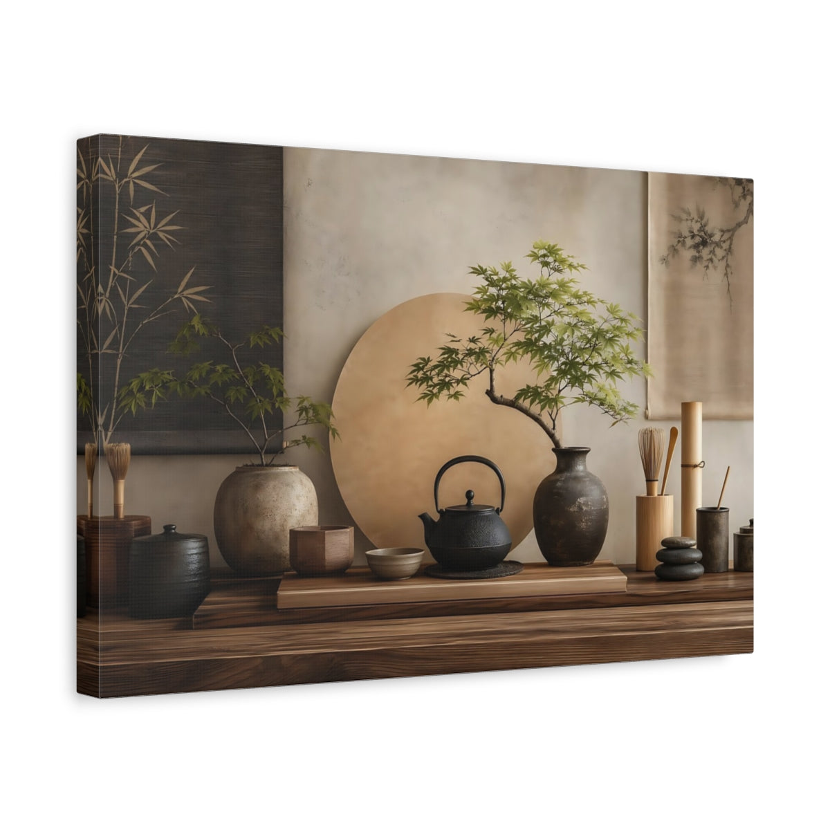 Side Mockup 4. Nature Bonsai Tree Earthy Zen Decor shown as stretched canvas wall art
