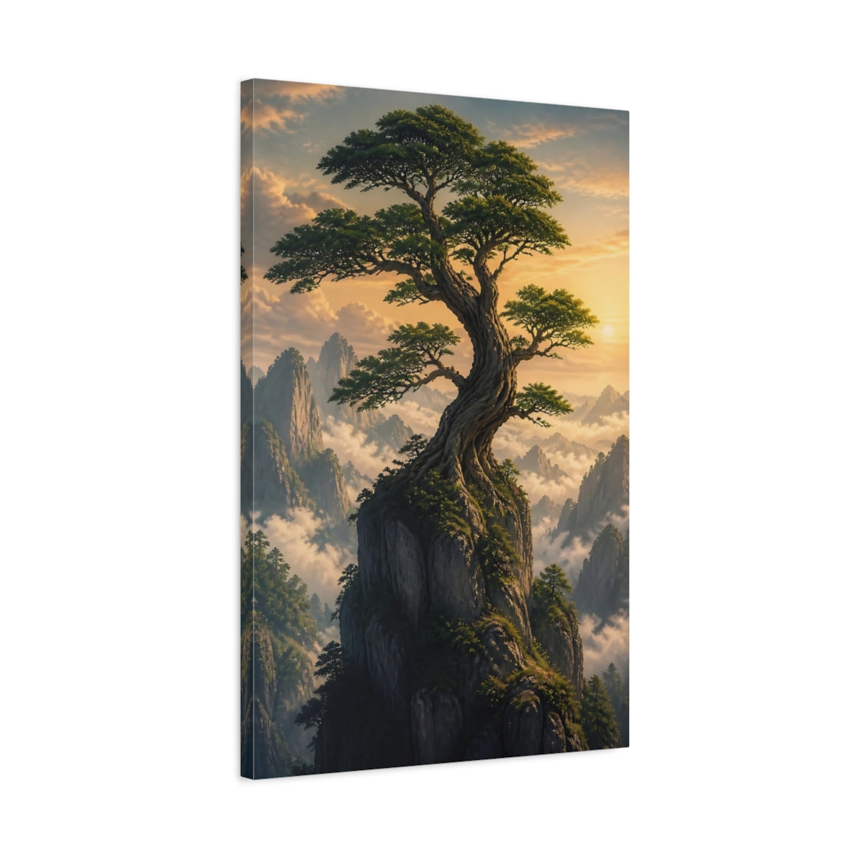 Side Mockup 2. Nature Bonsai Tree Green And Gold Landscape shown as stretched canvas wall art