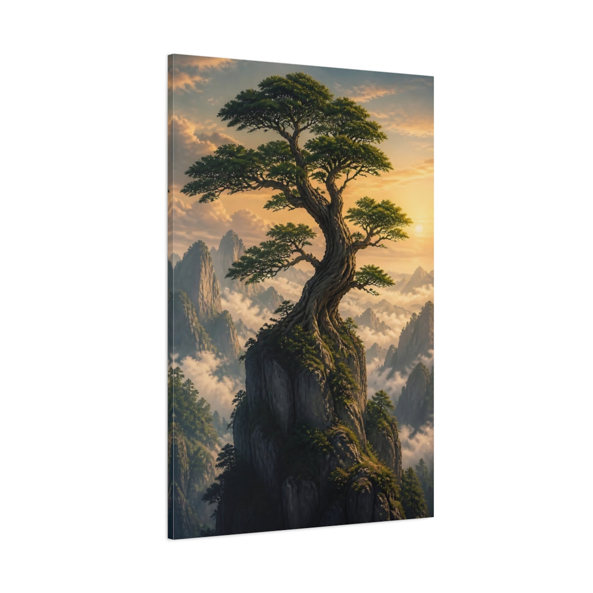 Side Mockup 1. Nature Bonsai Tree Green And Gold Landscape shown as stretched canvas wall art