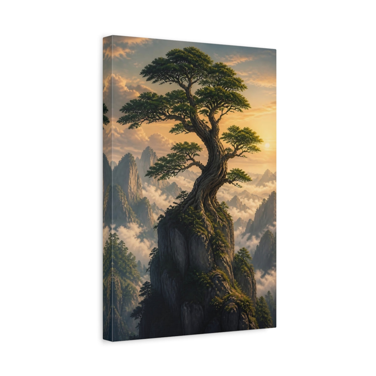 Side Mockup 4. Nature Bonsai Tree Green And Gold Landscape shown as stretched canvas wall art
